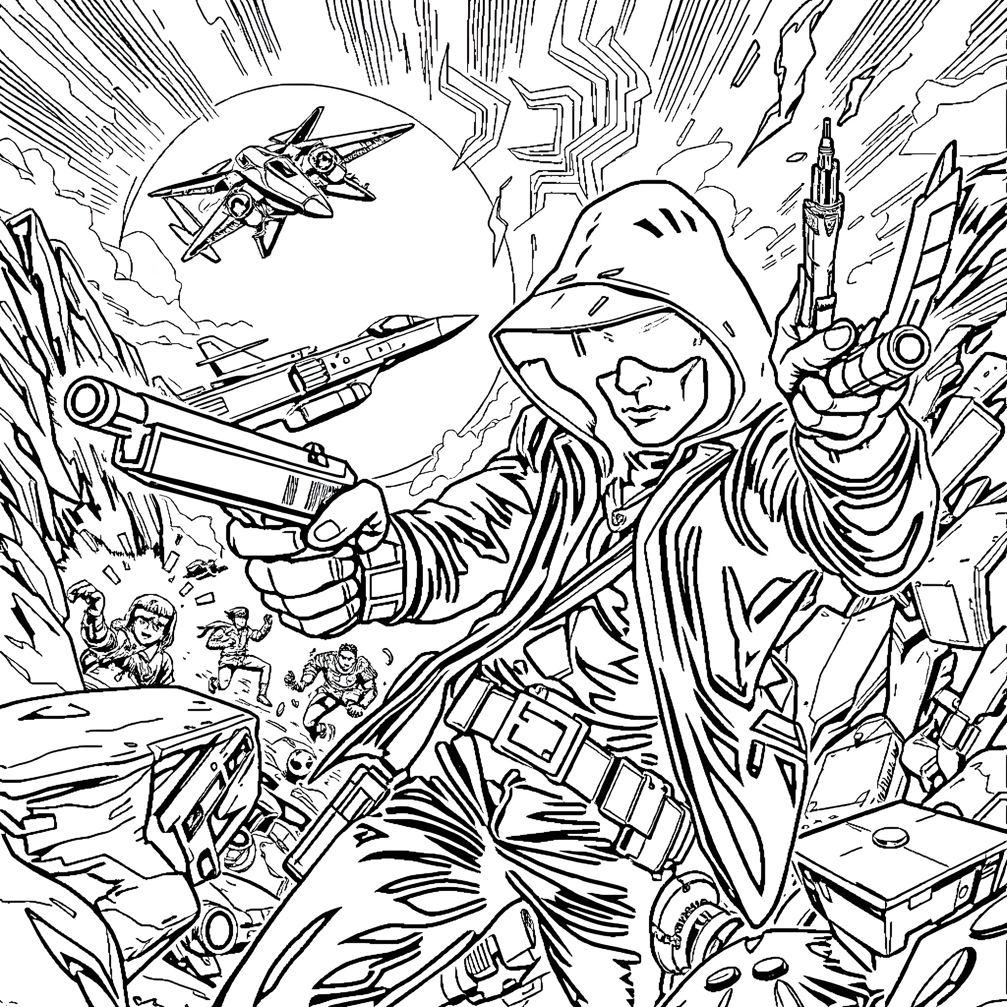 Mission: Heroic Combat in a Sci-Fi Landscape Coloring Page (free black-and-white line drawing printable PDF for all, from beginners to advanced learners, including children, teens, adults, and seniors)