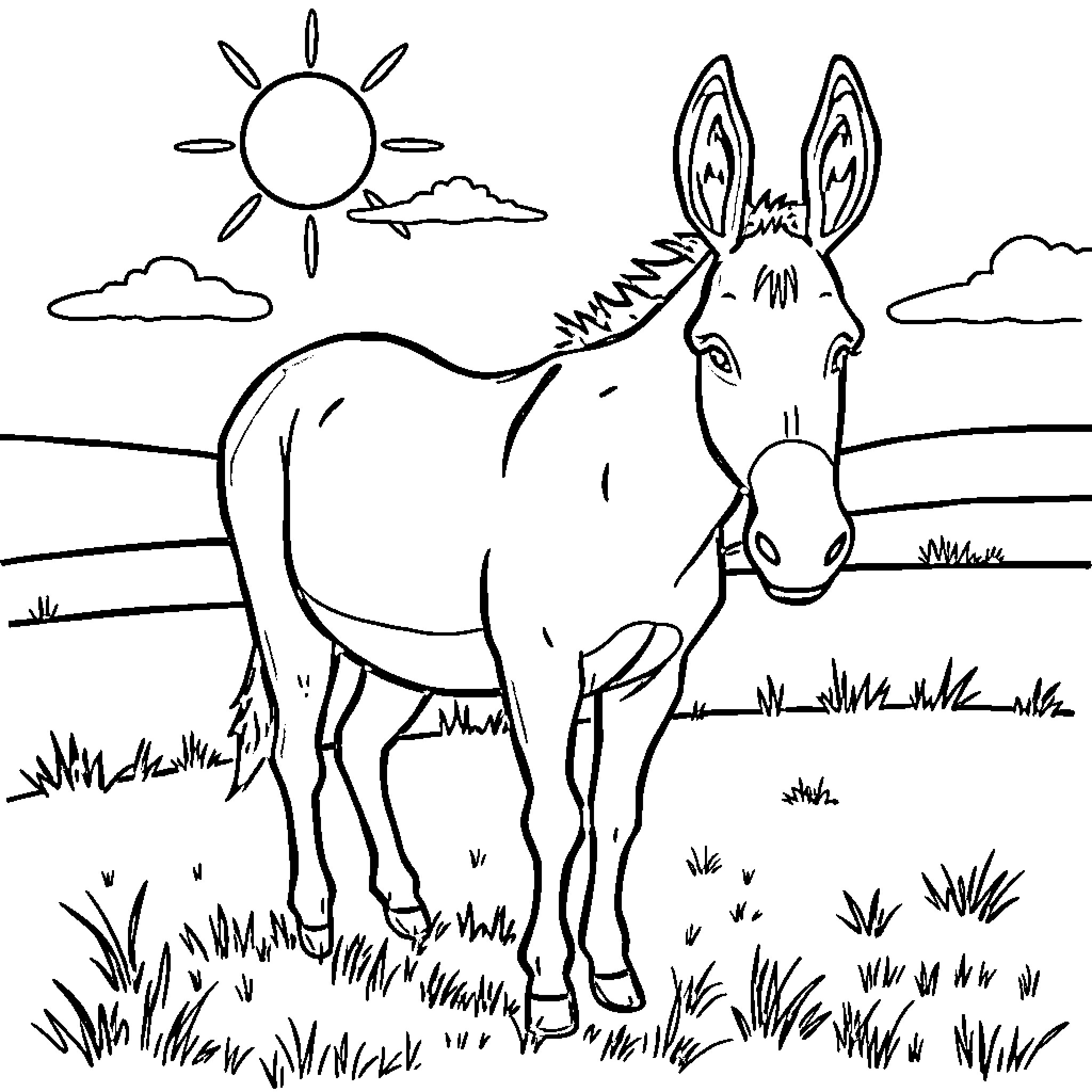 Donkey standing in a pastoral scene Coloring Page (free black-and-white line drawing printable PDF for all, from beginners to advanced learners, including children, teens, adults, and seniors)