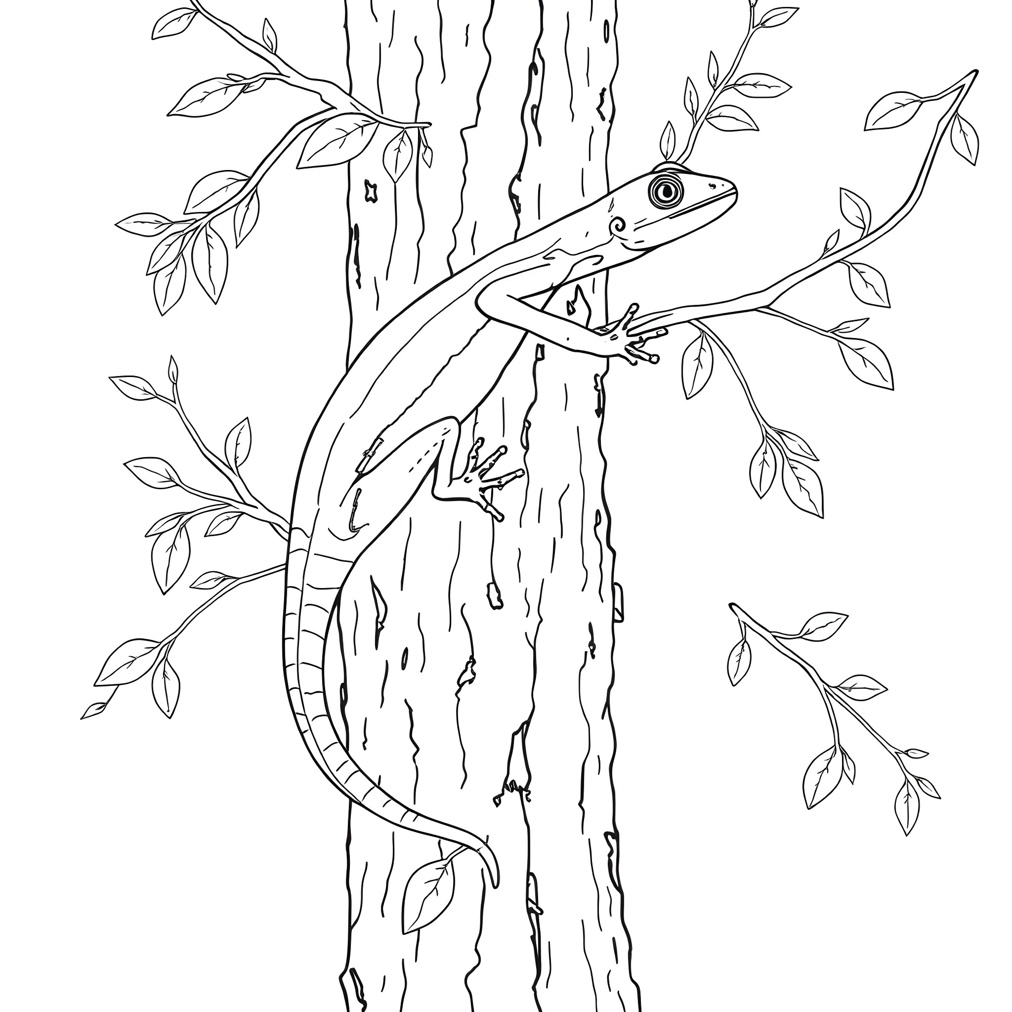 Skink climbing on tree with leaves Coloring Page (free black-and-white line drawing printable PDF for all, from beginners to advanced learners, including children, teens, adults, and seniors)