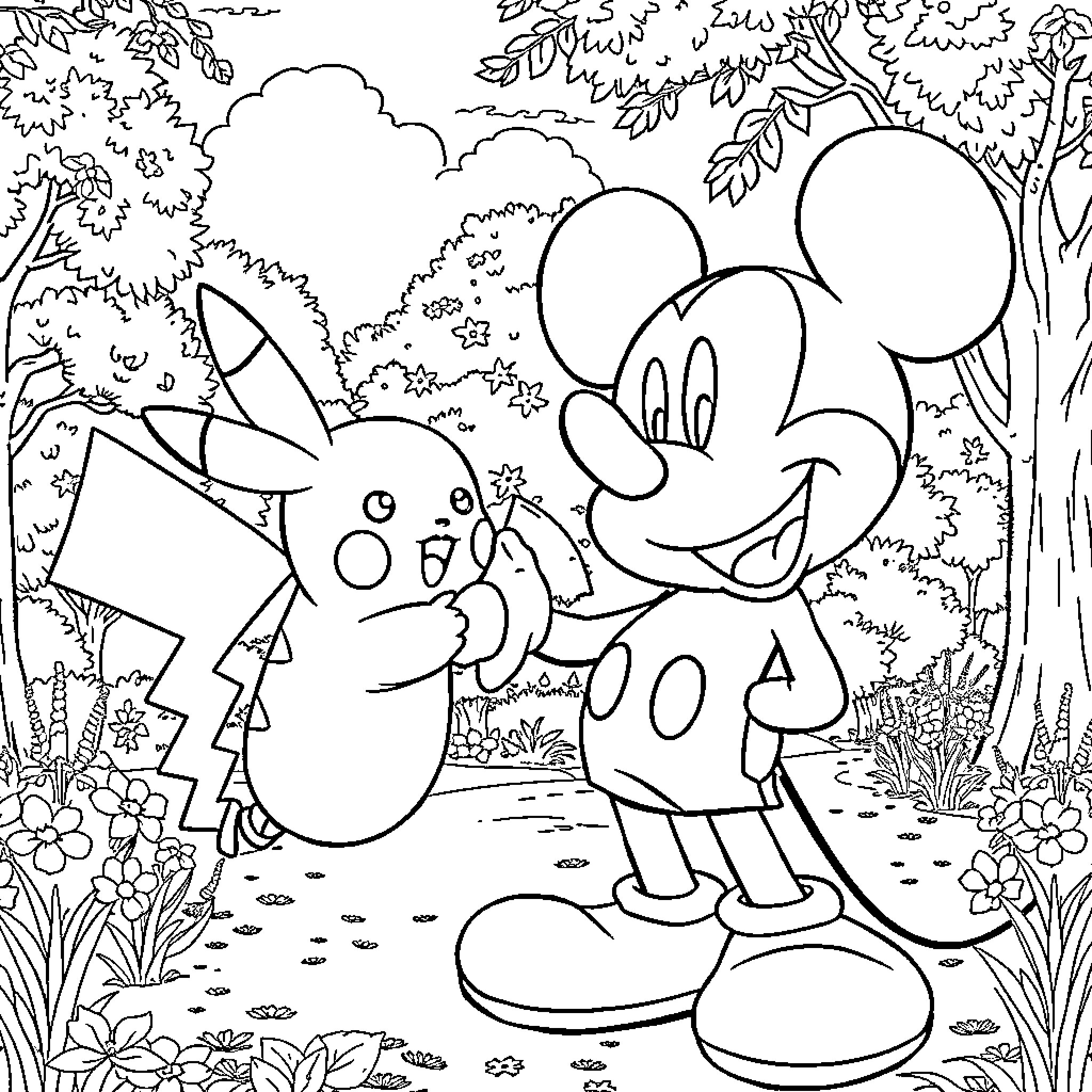 Mickey explores the enchanted forest with Pikachu Coloring Page (free black-and-white line drawing printable PDF for all, from beginners to advanced learners, including children, teens, adults, and seniors)