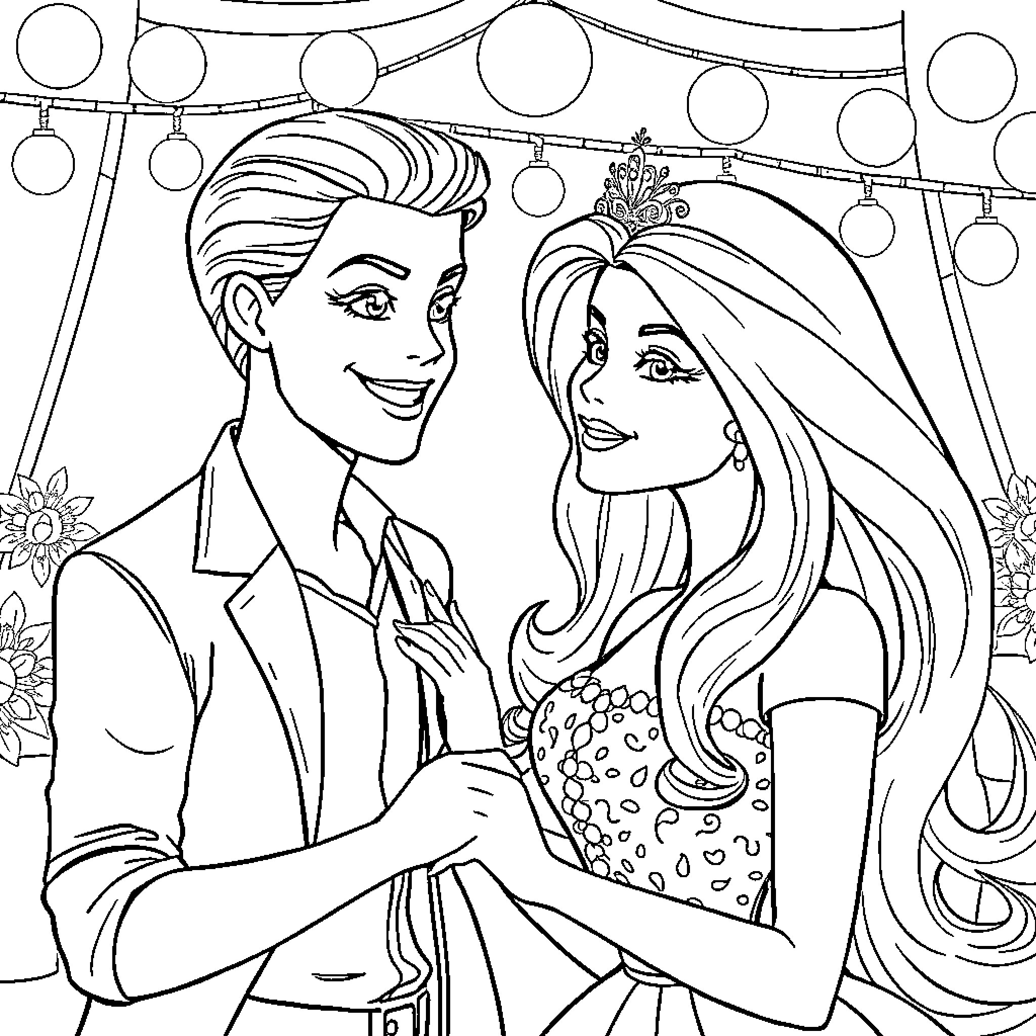 Barbie and Ken at a Glamorous Party Coloring Page (free black-and-white line drawing printable PDF for all, from beginners to advanced learners, including children, teens, adults, and seniors)