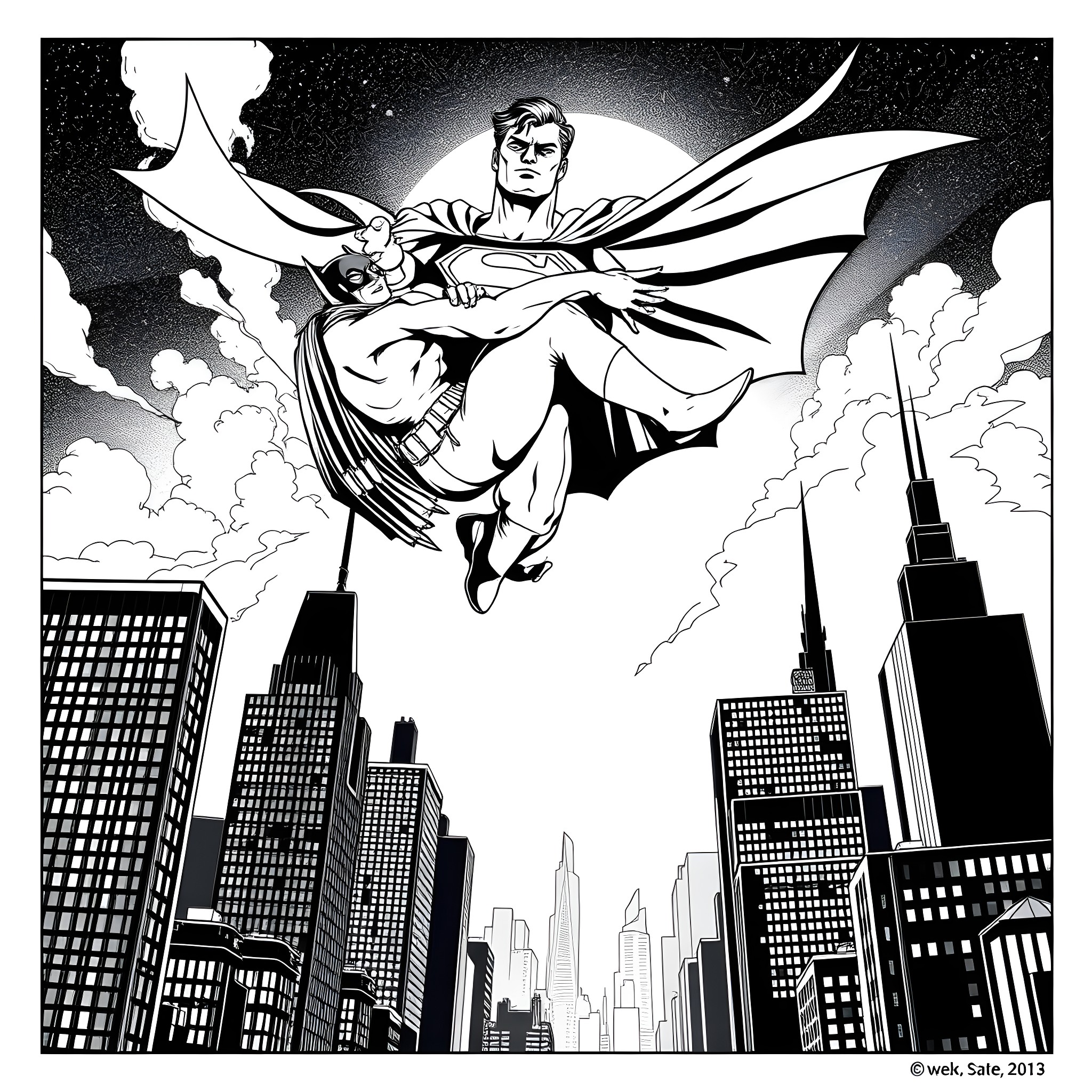 Superman soaring through the night sky over a city Coloring Page (free black-and-white line drawing printable PDF for all, from beginners to advanced learners, including children, teens, adults, and seniors)