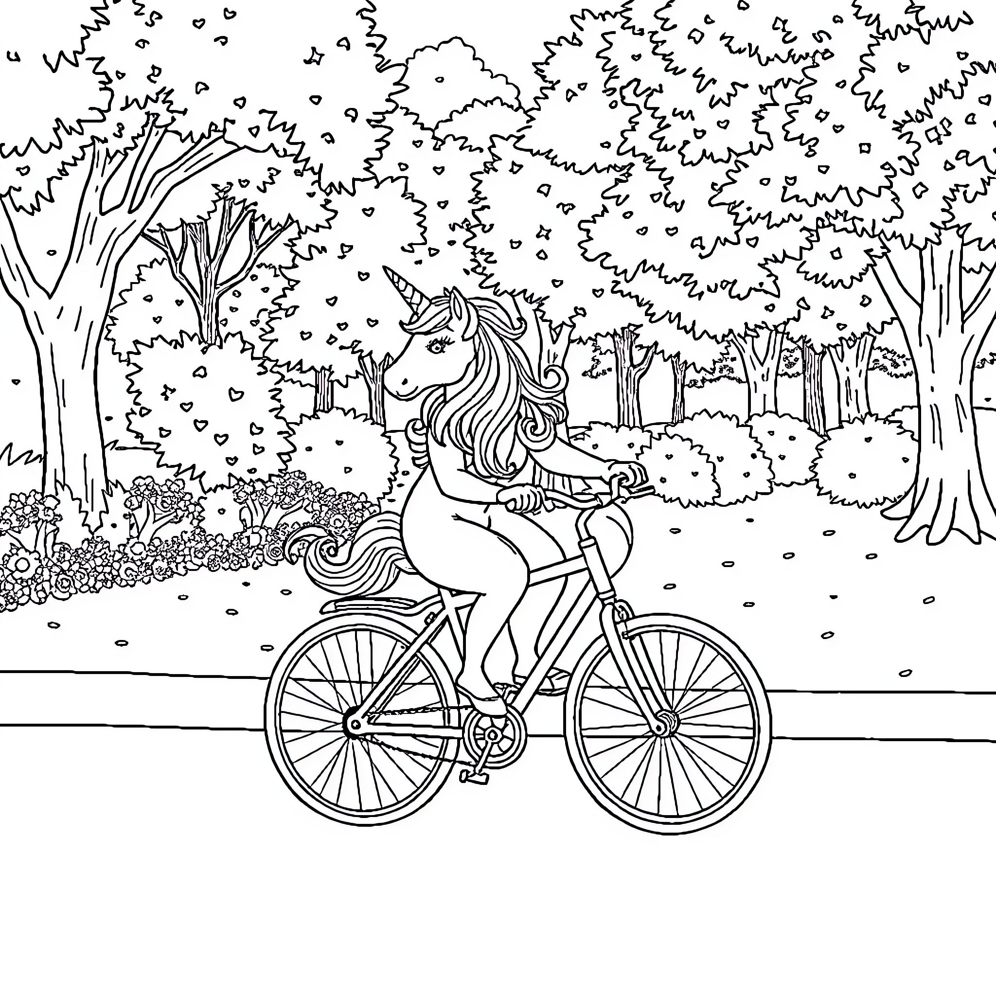 Unicorn riding a bicycle through a magical forest Coloring Page (free black-and-white line drawing printable PDF for all, from beginners to advanced learners, including children, teens, adults, and seniors)