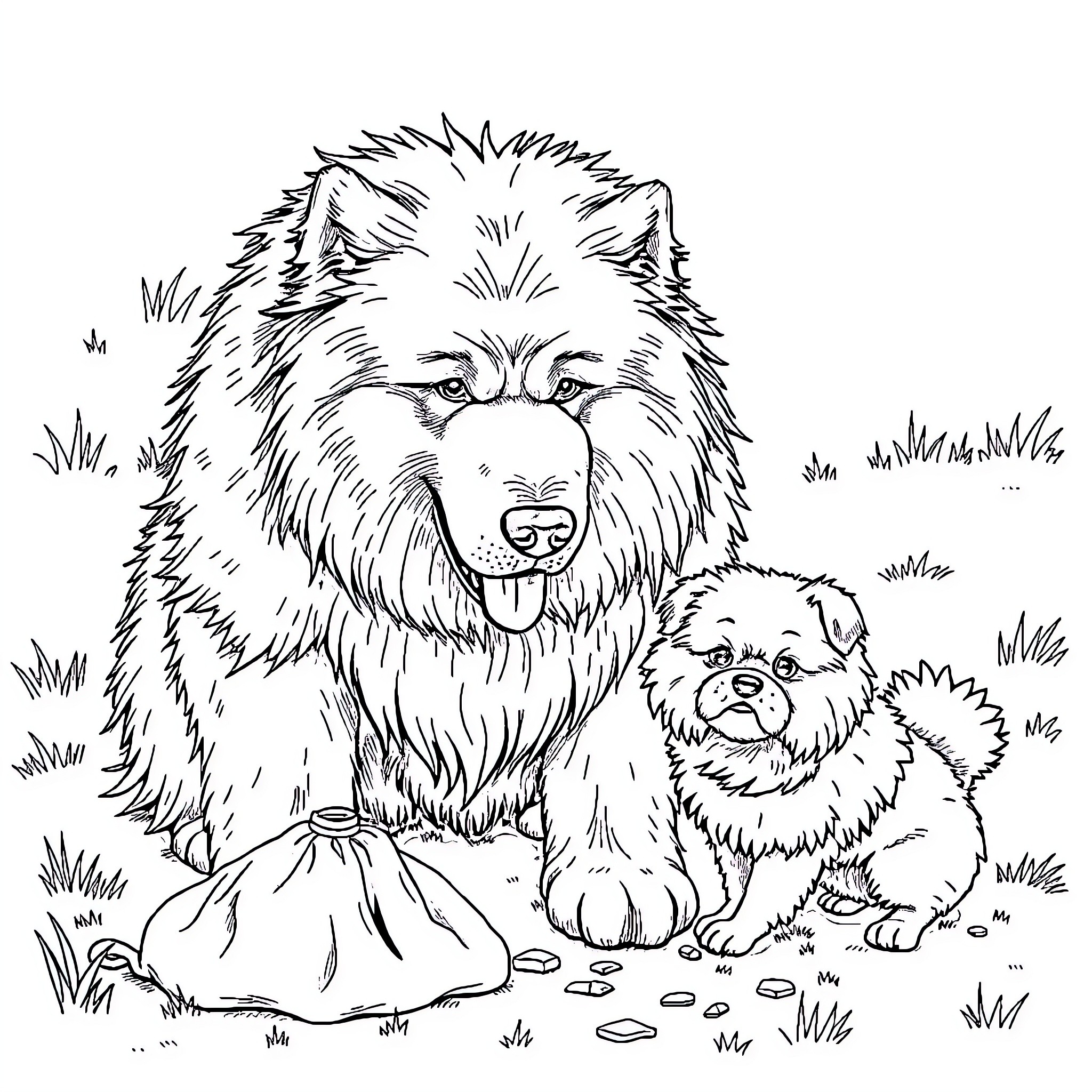 Great Pyrenees in a Grassy Field with Puppies Coloring Page (free black-and-white line drawing printable PDF for all, from beginners to advanced learners, including children, teens, adults, and seniors)