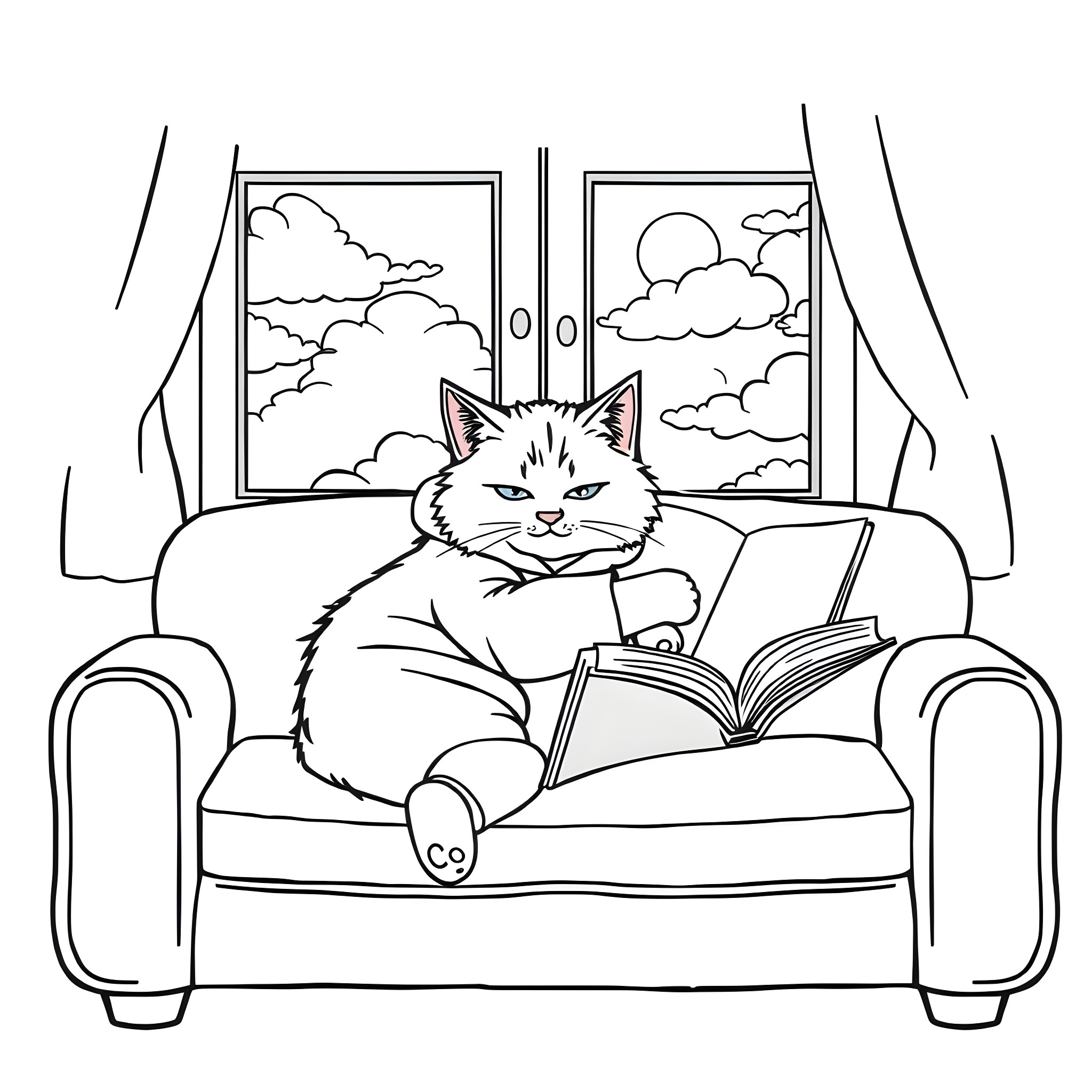 Cat relaxing and reading book by the window Coloring Page (free black-and-white line drawing printable PDF for all, from beginners to advanced learners, including children, teens, adults, and seniors)