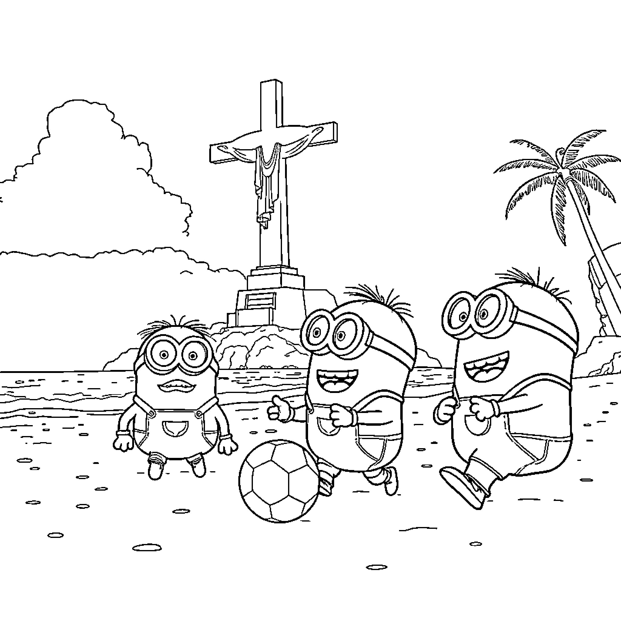 Minions playing joyfully on the beach Coloring Page (free black-and-white line drawing printable PDF for all, from beginners to advanced learners, including children, teens, adults, and seniors)