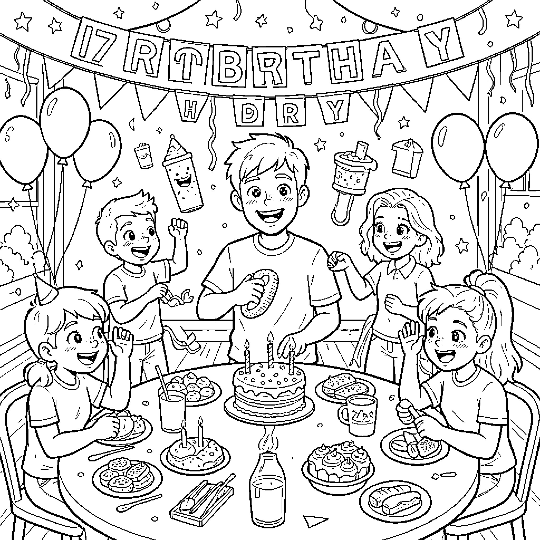 Boy's Birthday Party with Friends and Cake Coloring Page (free black-and-white line drawing printable PDF for all, from beginners to advanced learners, including children, teens, adults, and seniors)