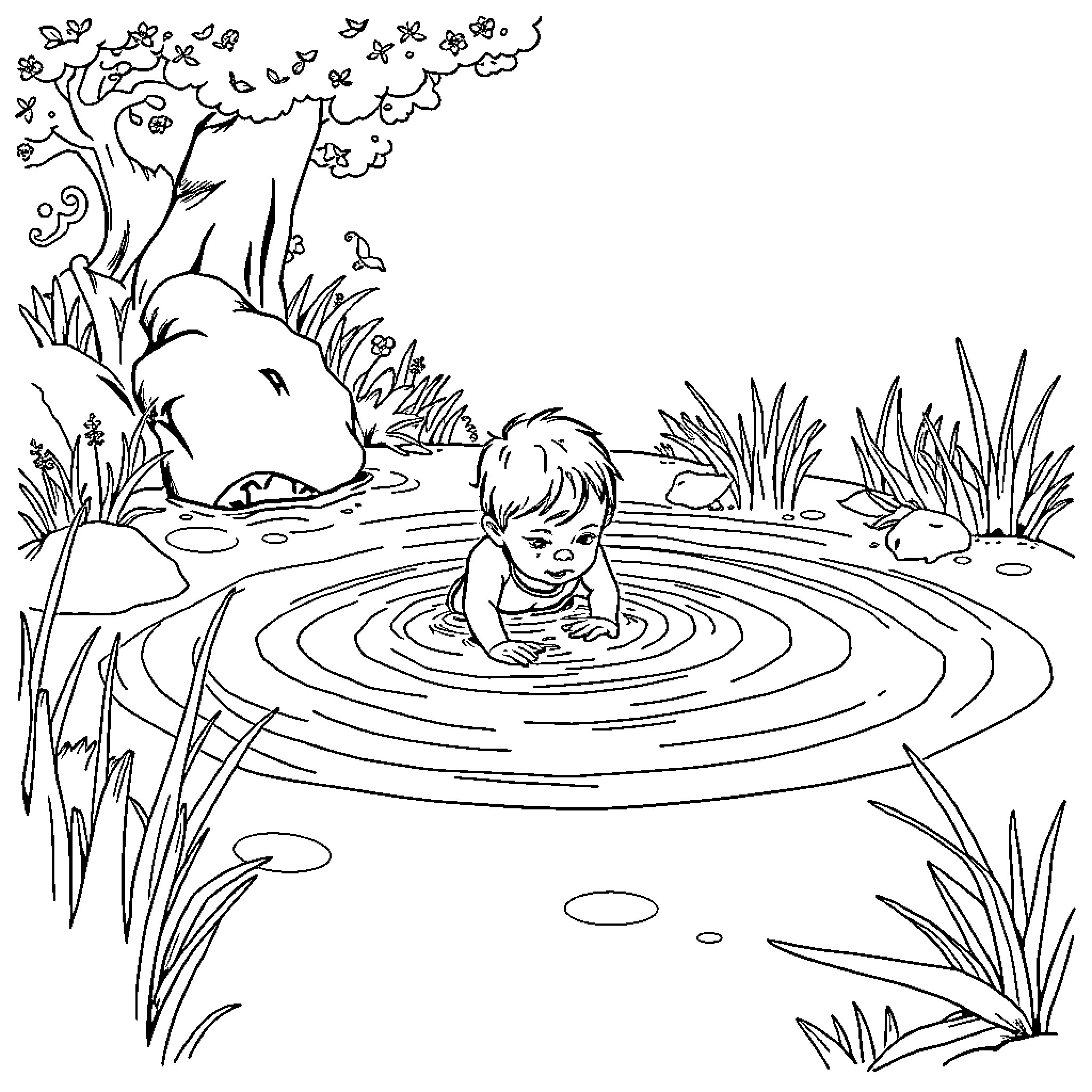 Child playing in rippling pond surrounded by nature Coloring Page (free black-and-white line drawing printable PDF for all, from beginners to advanced learners, including children, teens, adults, and seniors)