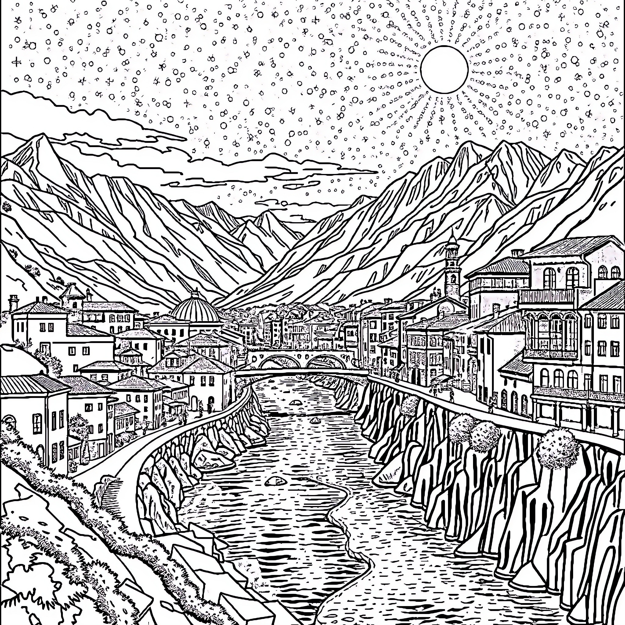 Velaris - A Fantastical Mountain Town in the Clouds Coloring Page (free black-and-white line drawing printable PDF for all, from beginners to advanced learners, including children, teens, adults, and seniors)