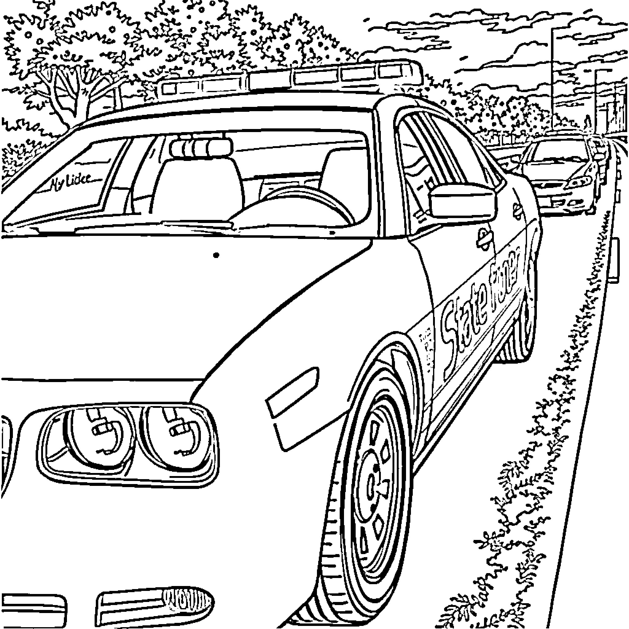 Trooper Car Responding to Emergency Situation Coloring Page (free black-and-white line drawing printable PDF for all, from beginners to advanced learners, including children, teens, adults, and seniors)