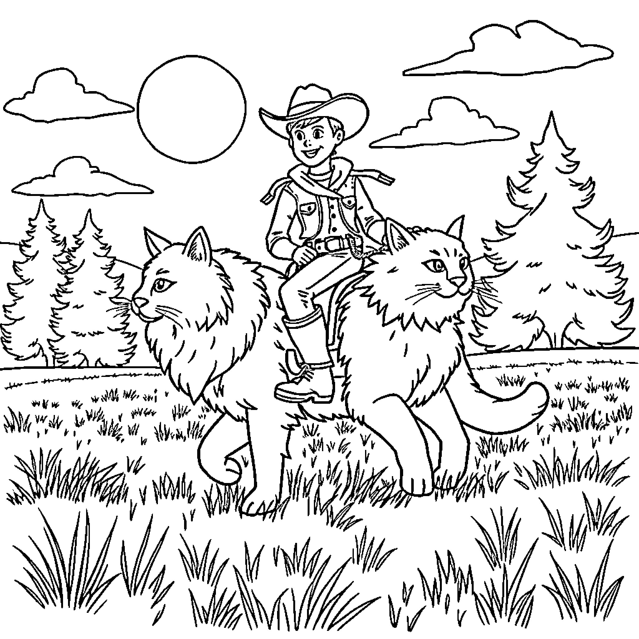 Cowboy herding cats in the wilderness Coloring Page (free black-and-white line drawing printable PDF for all, from beginners to advanced learners, including children, teens, adults, and seniors)