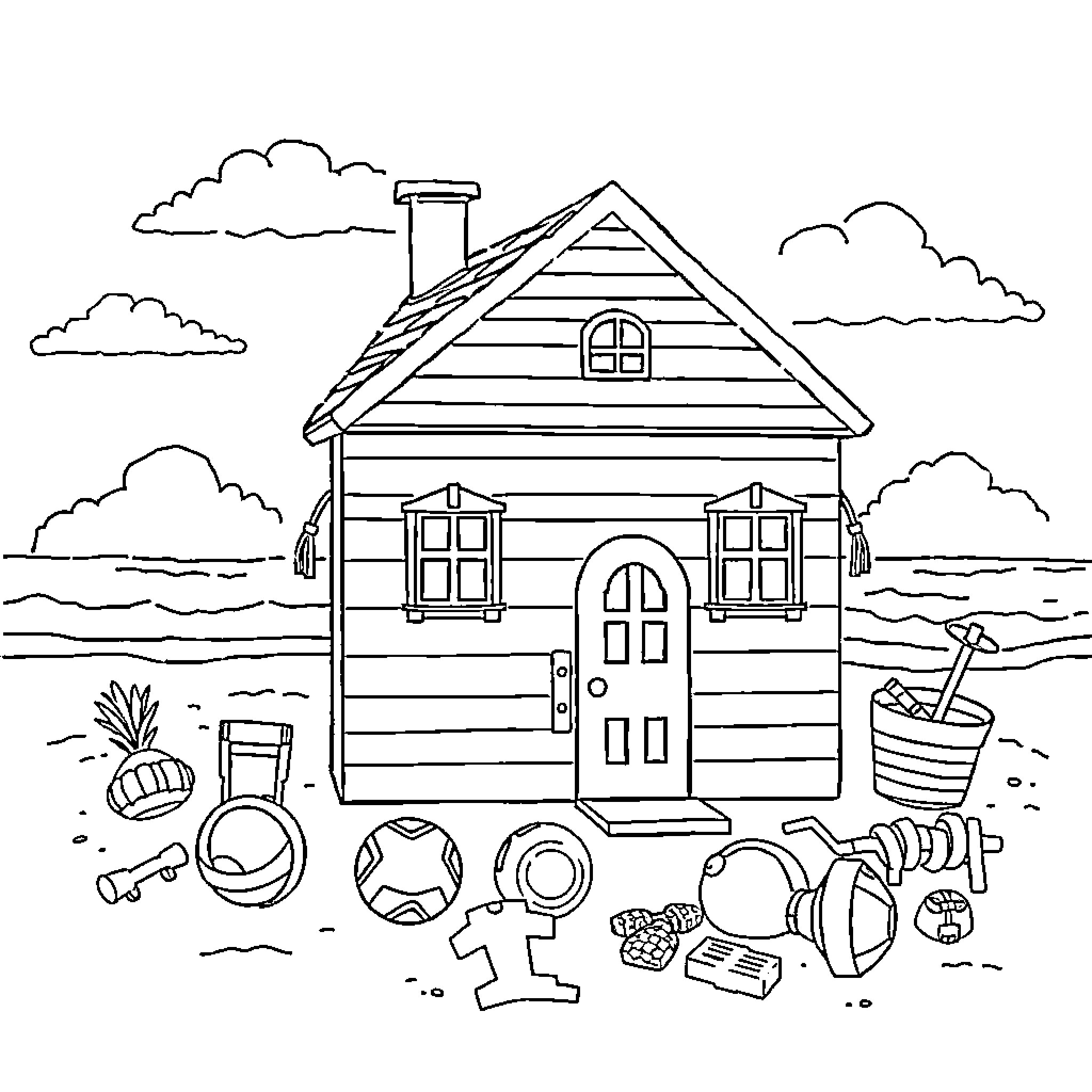 Dollhouse with Outdoor Garden Scenes Coloring Page (free black-and-white line drawing printable PDF for all, from beginners to advanced learners, including children, teens, adults, and seniors)
