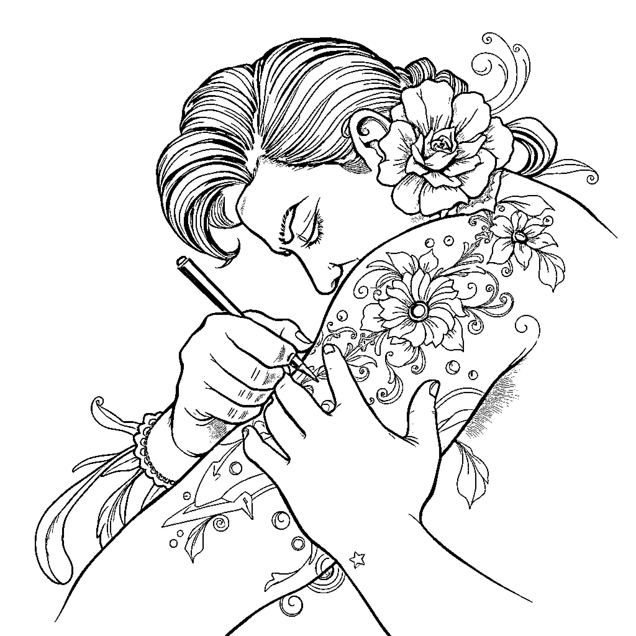 Tattoo Artist Crafting Intricate Floral Designs Coloring Page (free black-and-white line drawing printable PDF for all, from beginners to advanced learners, including children, teens, adults, and seniors)
