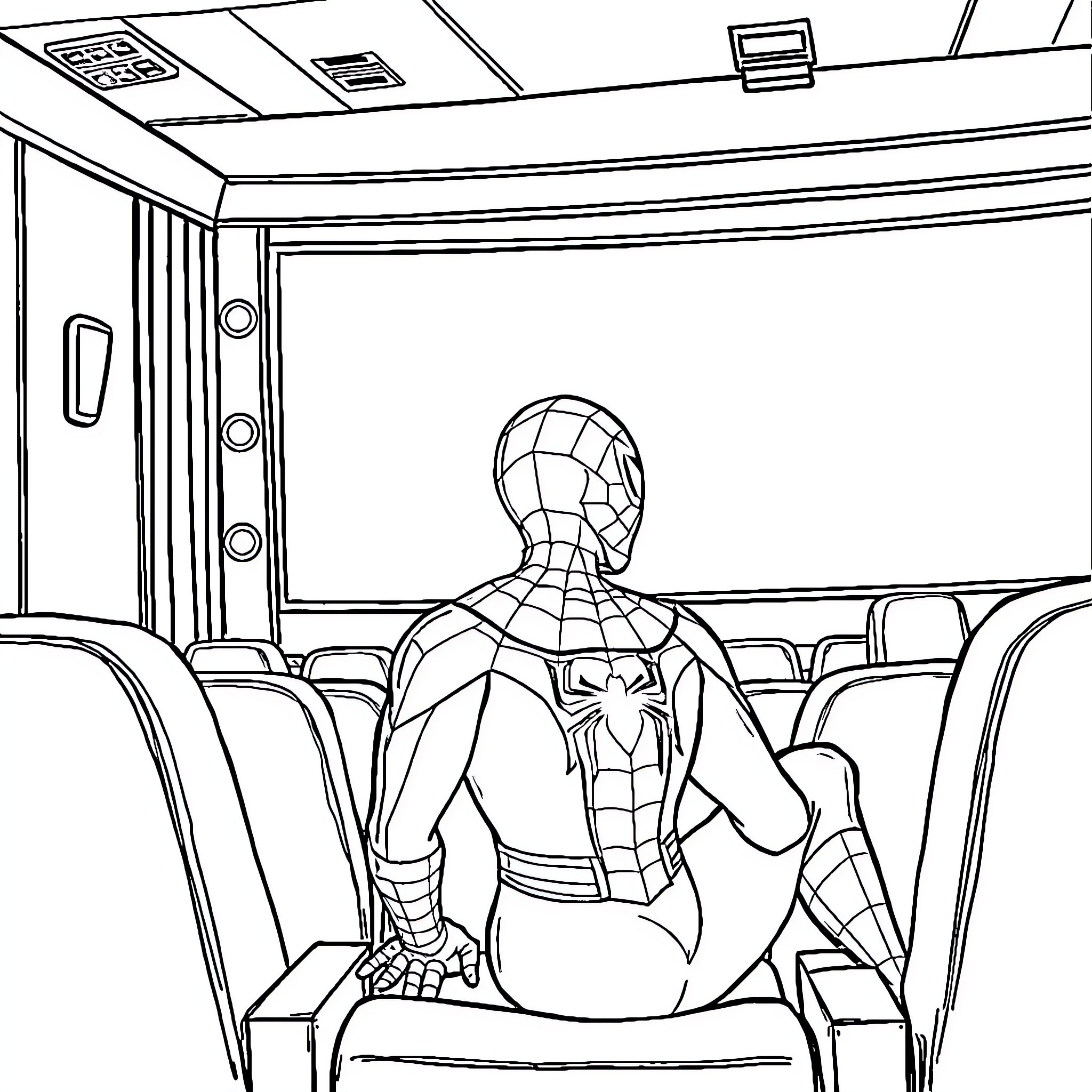 Spiderman sitting in a classroom Coloring Page (free black-and-white line drawing printable PDF for all, from beginners to advanced learners, including children, teens, adults, and seniors)