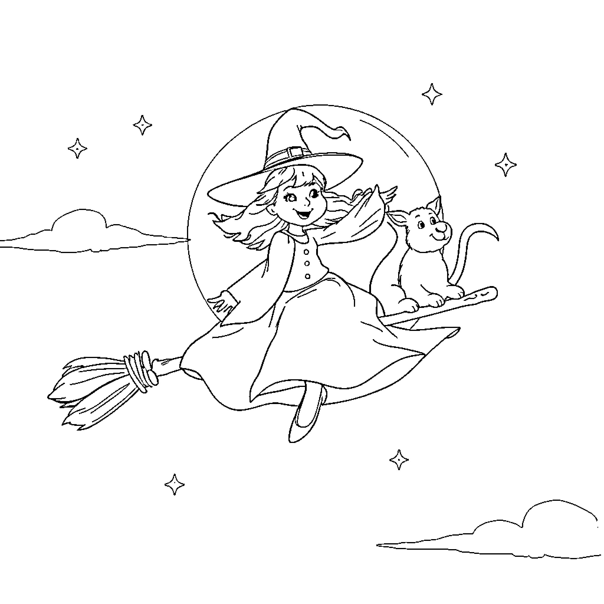 Witch flying on broomstick with cat companion Coloring Page (free black-and-white line drawing printable PDF for all, from beginners to advanced learners, including children, teens, adults, and seniors)