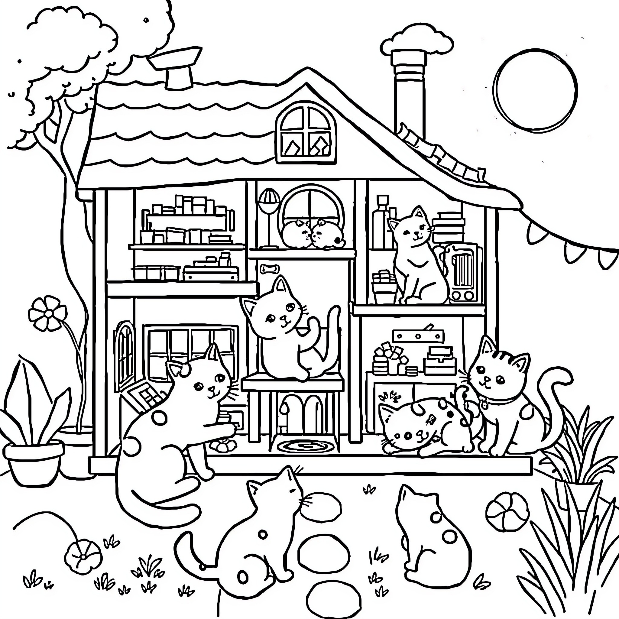 Dollhouse with Playful Cats and Cozy Decor Coloring Page (free black-and-white line drawing printable PDF for all, from beginners to advanced learners, including children, teens, adults, and seniors)