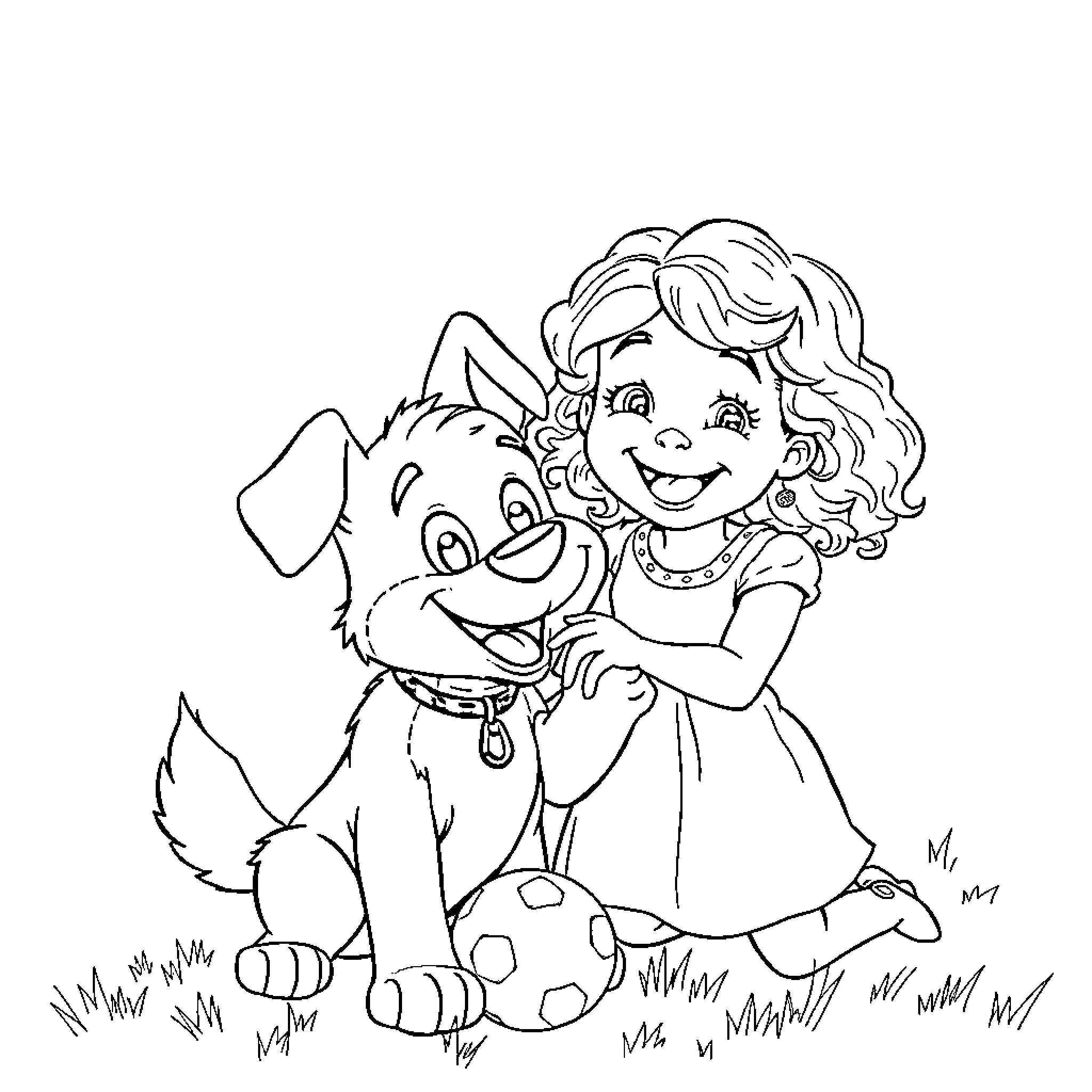 Bluey playing happily with her dog friend Coloring Page (free black-and-white line drawing printable PDF for all, from beginners to advanced learners, including children, teens, adults, and seniors)