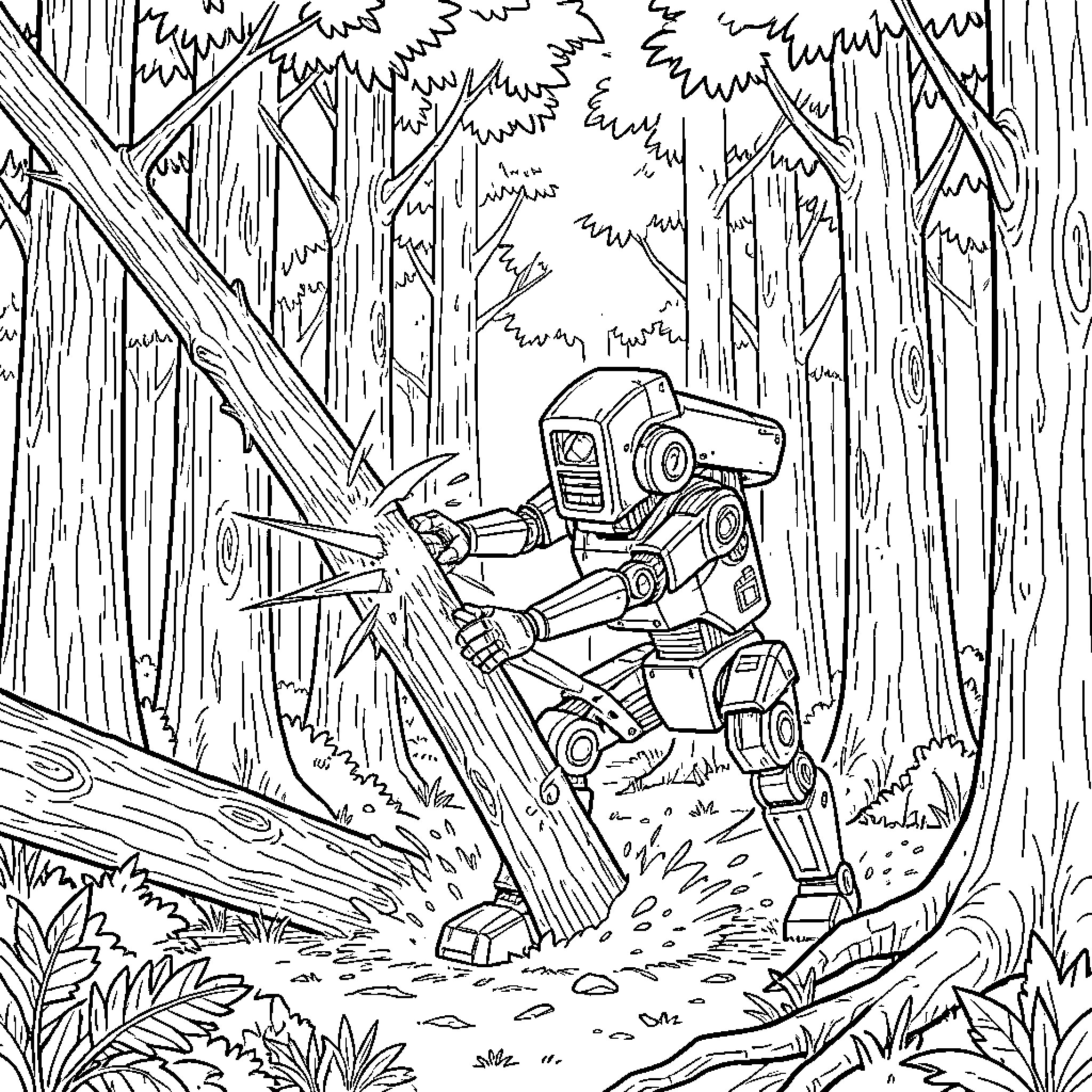 Robot chopping a fallen tree in the forest Coloring Page (free black-and-white line drawing printable PDF for all, from beginners to advanced learners, including children, teens, adults, and seniors)