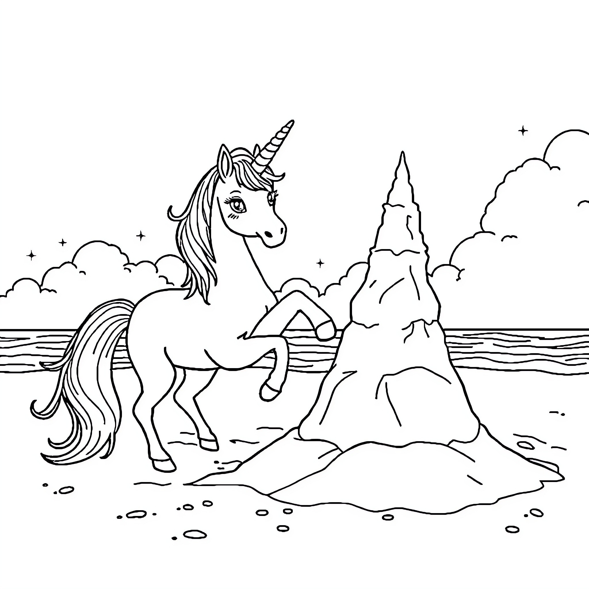 Unicorn frolicking near a magical castle Coloring Page (free black-and-white line drawing printable PDF for all, from beginners to advanced learners, including children, teens, adults, and seniors)