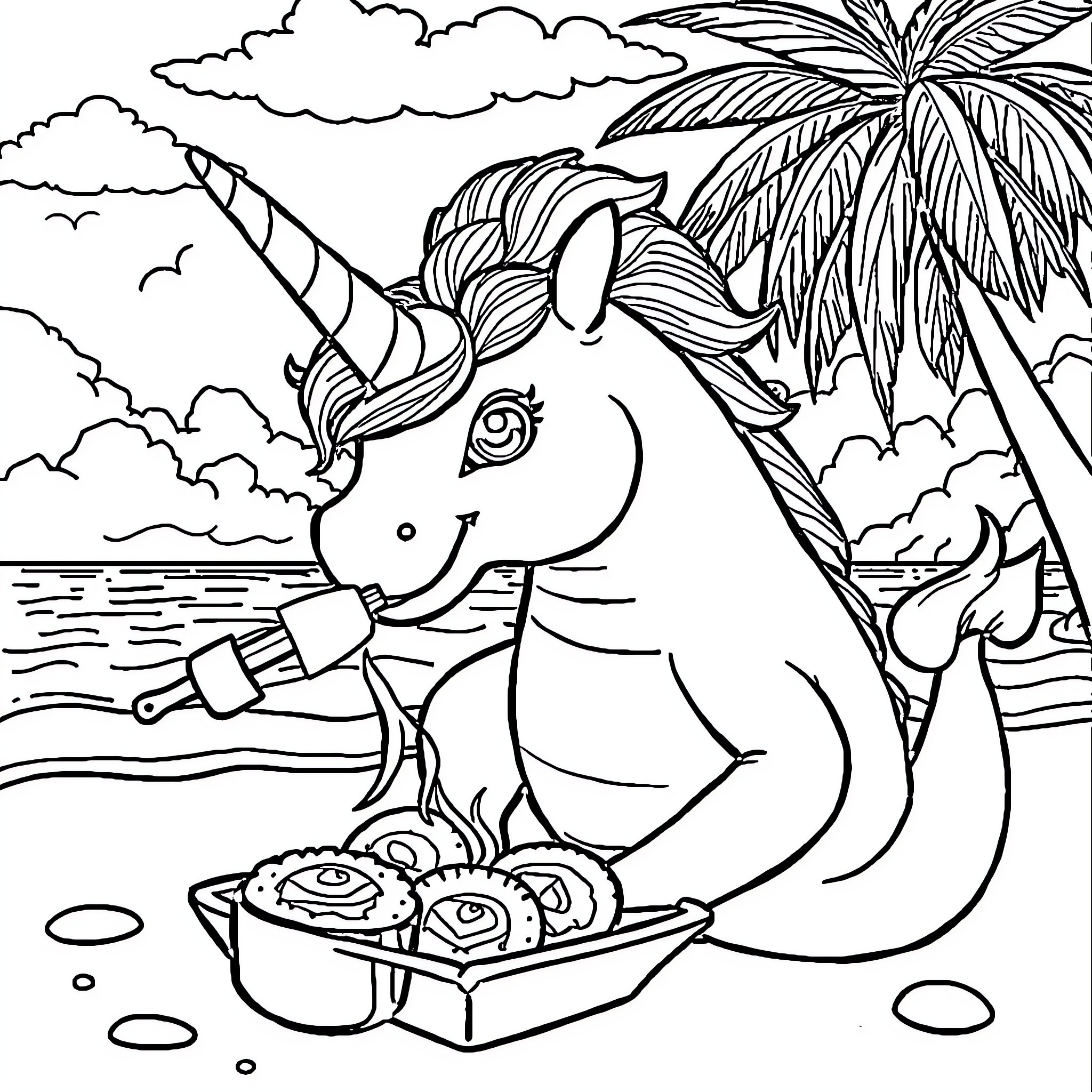 Mermaid Enjoying Tropical Treats on the Beach Coloring Page (free black-and-white line drawing printable PDF for all, from beginners to advanced learners, including children, teens, adults, and seniors)