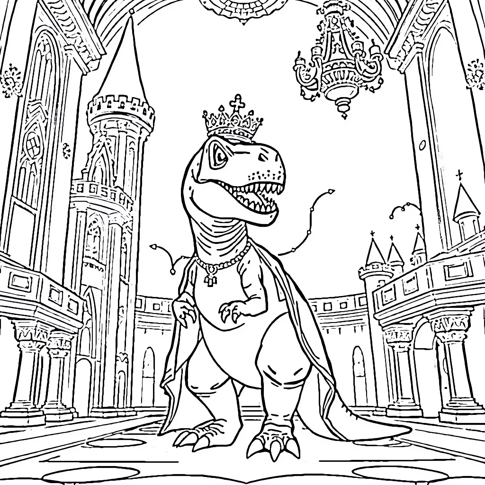 T-Rex King in a Majestic Palace Coloring Page (free black-and-white line drawing printable PDF for all, from beginners to advanced learners, including children, teens, adults, and seniors)