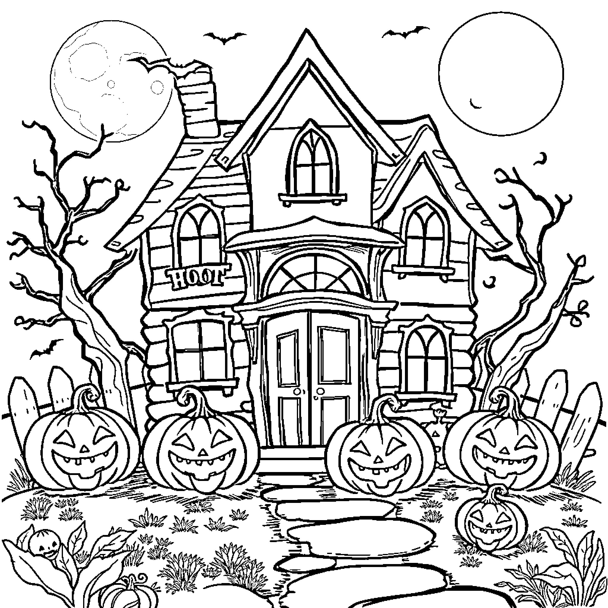 Pumpkin-decorated Halloween haunted house Coloring Page (free black-and-white line drawing printable PDF for all, from beginners to advanced learners, including children, teens, adults, and seniors)