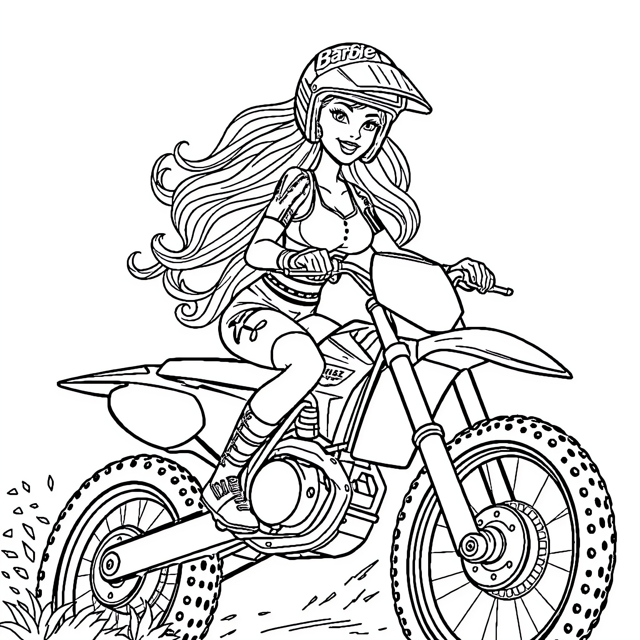 Barbie riding a dirt bike in the outdoors Coloring Page (free black-and-white line drawing printable PDF for all, from beginners to advanced learners, including children, teens, adults, and seniors)