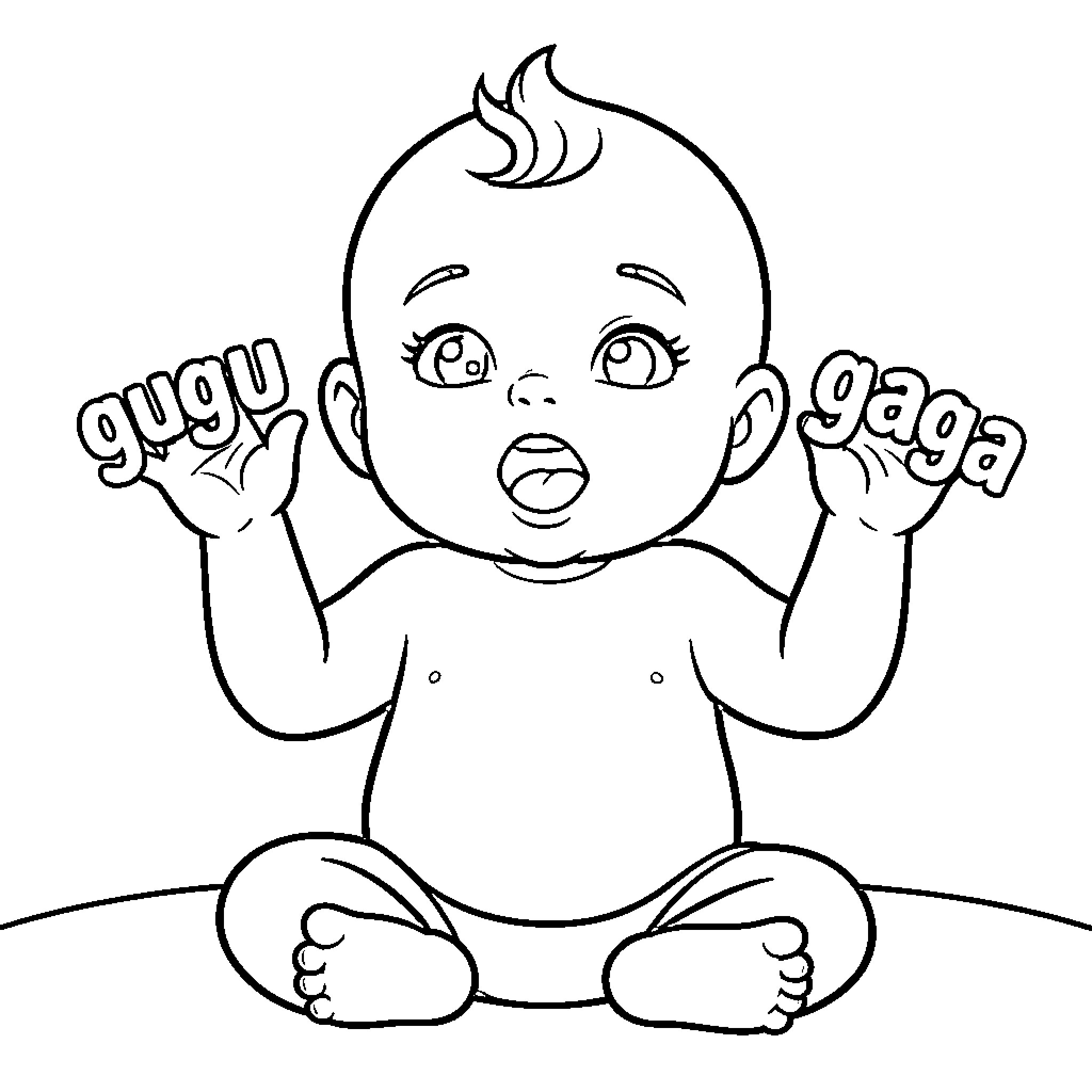 Gugu Gaga baby holding up playful letters Coloring Page (free black-and-white line drawing printable PDF for all, from beginners to advanced learners, including children, teens, adults, and seniors)