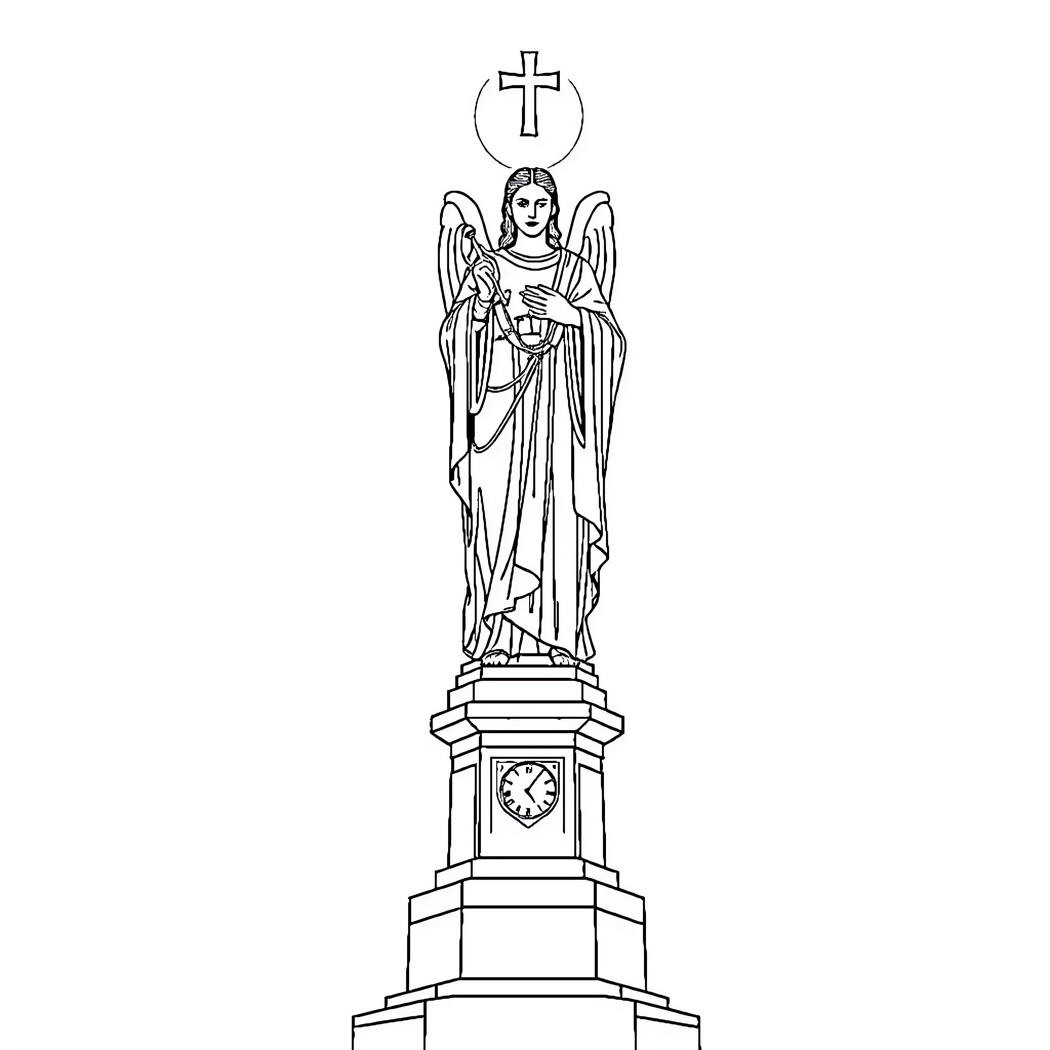Archangel statue holding a cross Coloring Page (free black-and-white line drawing printable PDF for all, from beginners to advanced learners, including children, teens, adults, and seniors)
