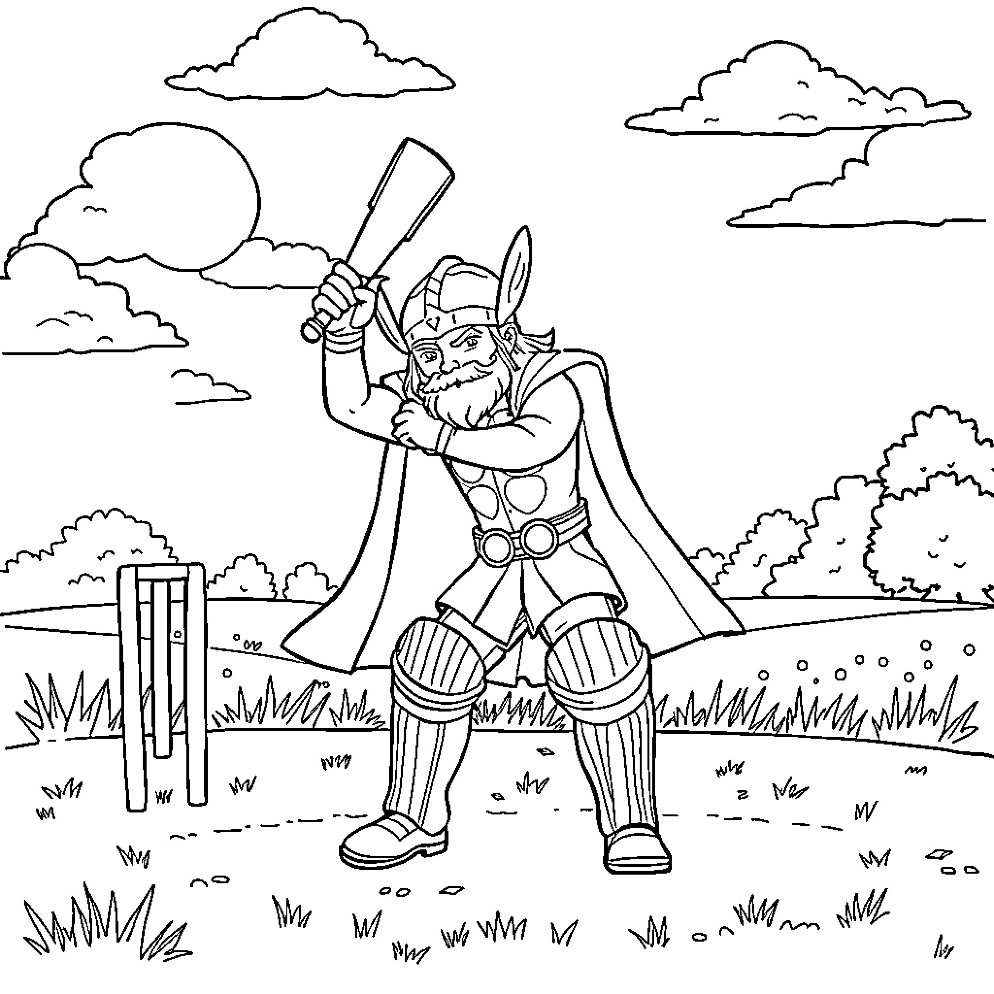 Thor Wielding Mighty Hammer in Outdoor Scene Coloring Page (free black-and-white line drawing printable PDF for all, from beginners to advanced learners, including children, teens, adults, and seniors)