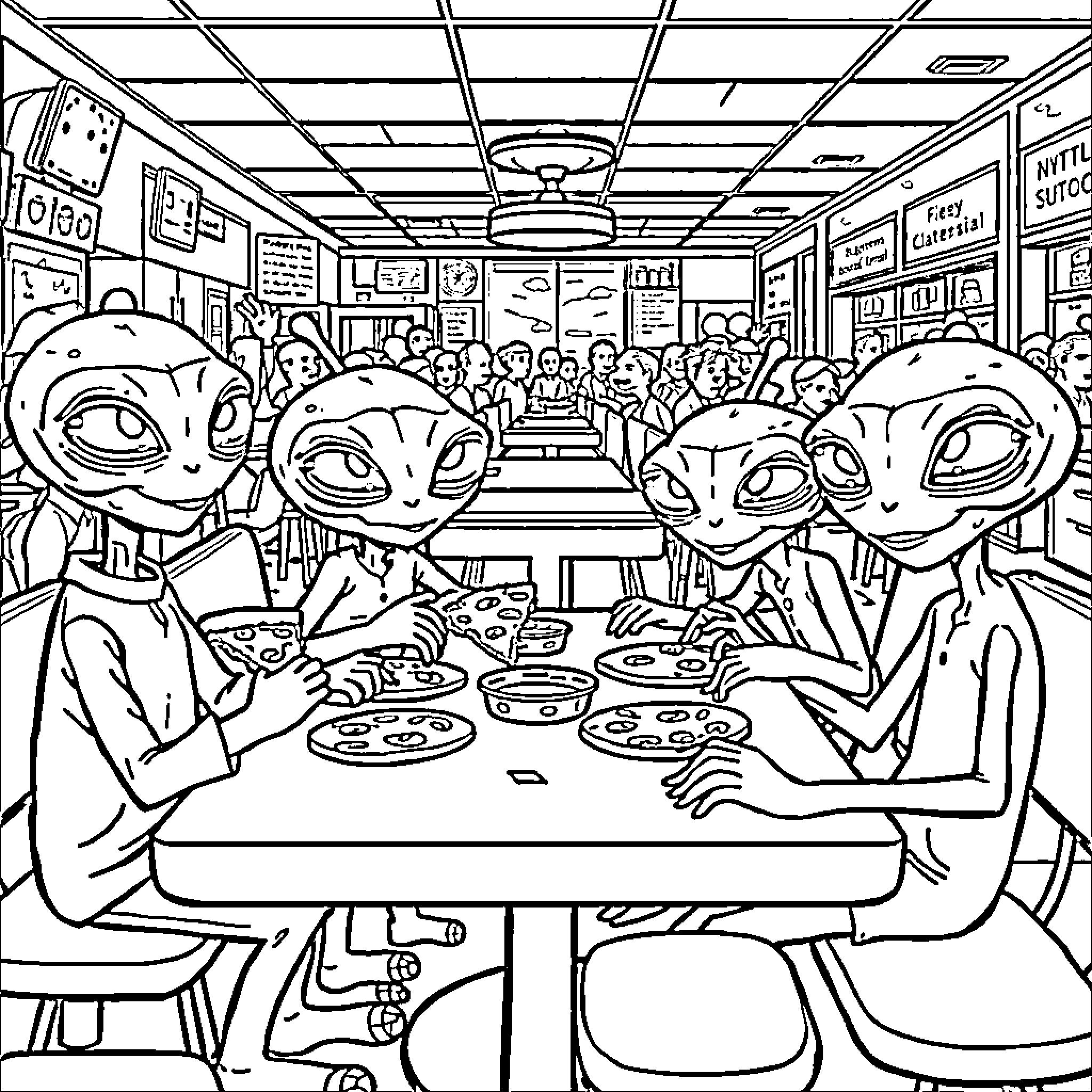 Alien Family Feasting at Diner Coloring Page (free black-and-white line drawing printable PDF for all, from beginners to advanced learners, including children, teens, adults, and seniors)