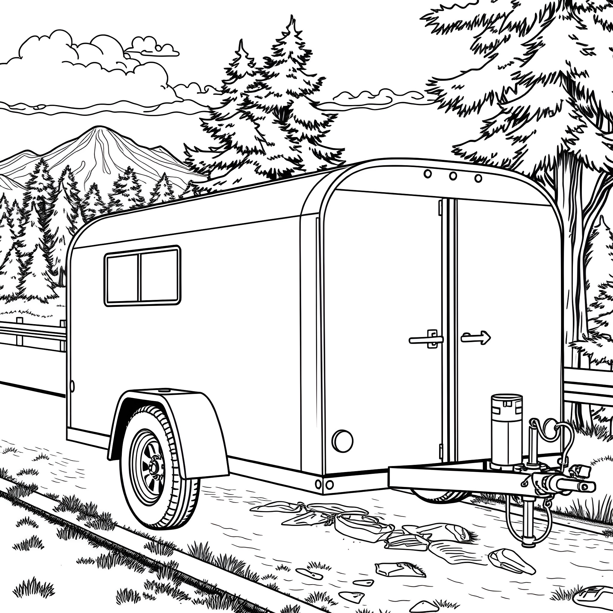 Car Trailer in Snowy Mountain Landscape Coloring Page (free black-and-white line drawing printable PDF for all, from beginners to advanced learners, including children, teens, adults, and seniors)