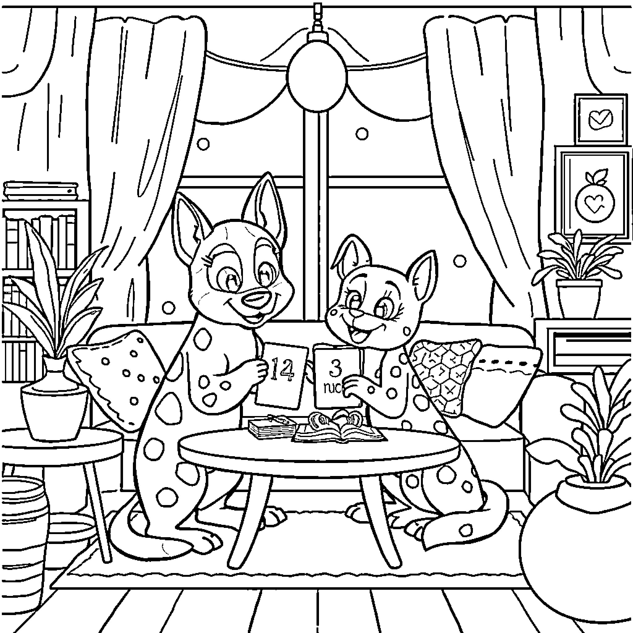 Bluey and Bingo playing happily indoors Coloring Page (free black-and-white line drawing printable PDF for all, from beginners to advanced learners, including children, teens, adults, and seniors)