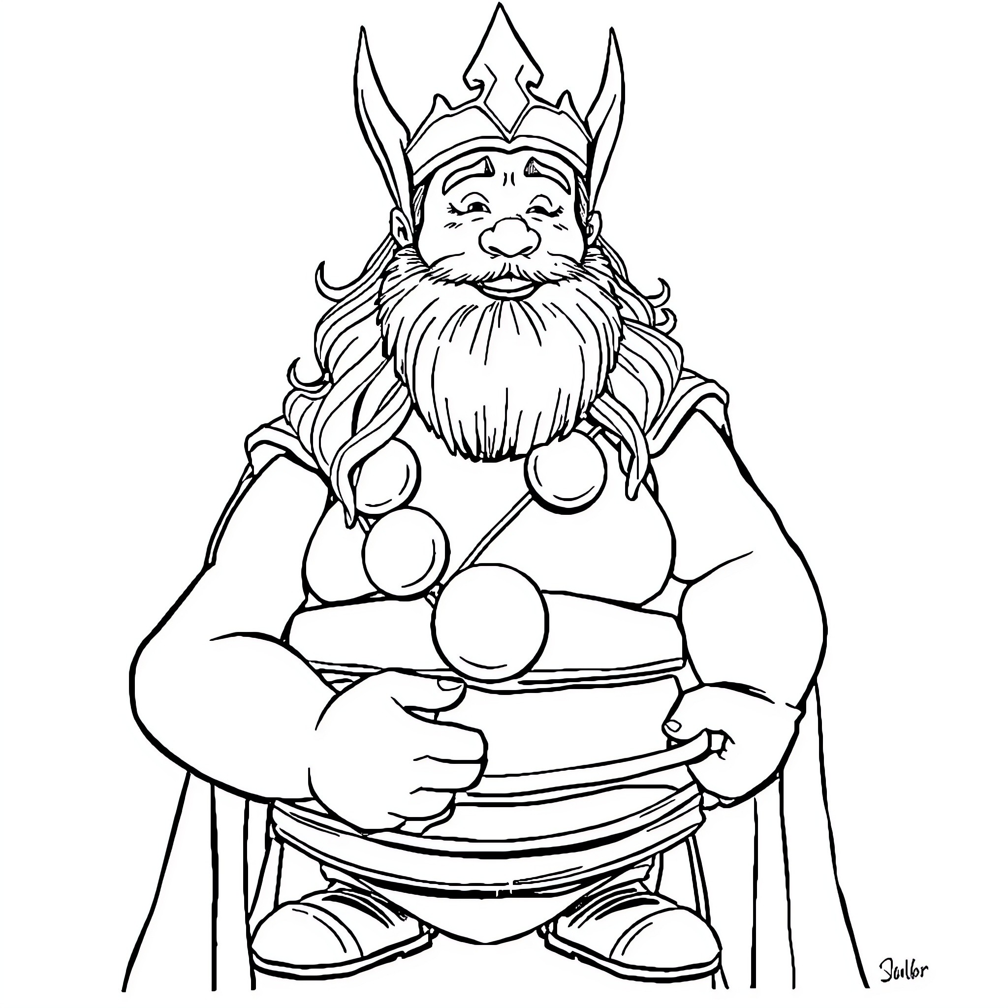 Thor the Merry Dwarf King with Mug Coloring Page (free black-and-white line drawing printable PDF for all, from beginners to advanced learners, including children, teens, adults, and seniors)