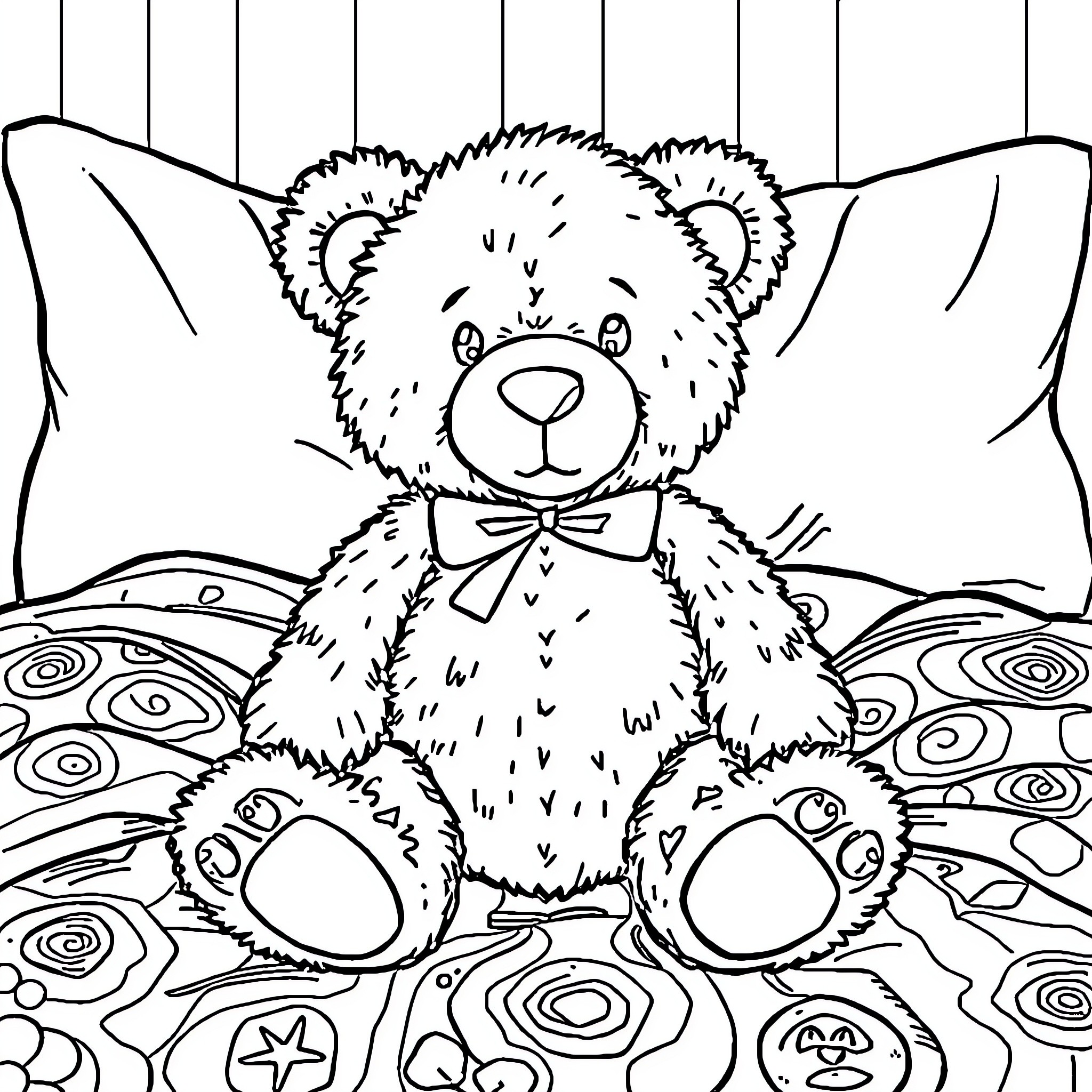 Teddy Bear sitting on a patterned surface Coloring Page (free black-and-white line drawing printable PDF for all, from beginners to advanced learners, including children, teens, adults, and seniors)