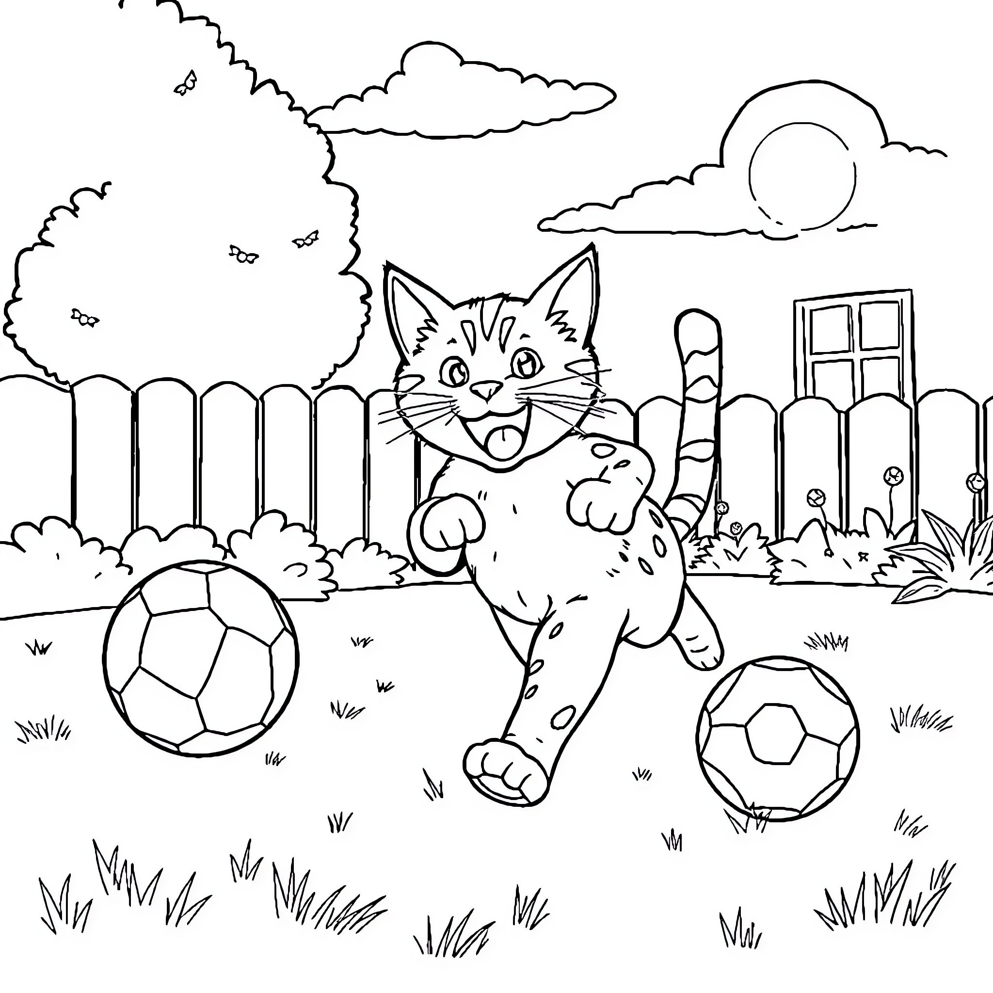 Heathcliffe playing with soccer balls in the backyard Coloring Page (free black-and-white line drawing printable PDF for all, from beginners to advanced learners, including children, teens, adults, and seniors)