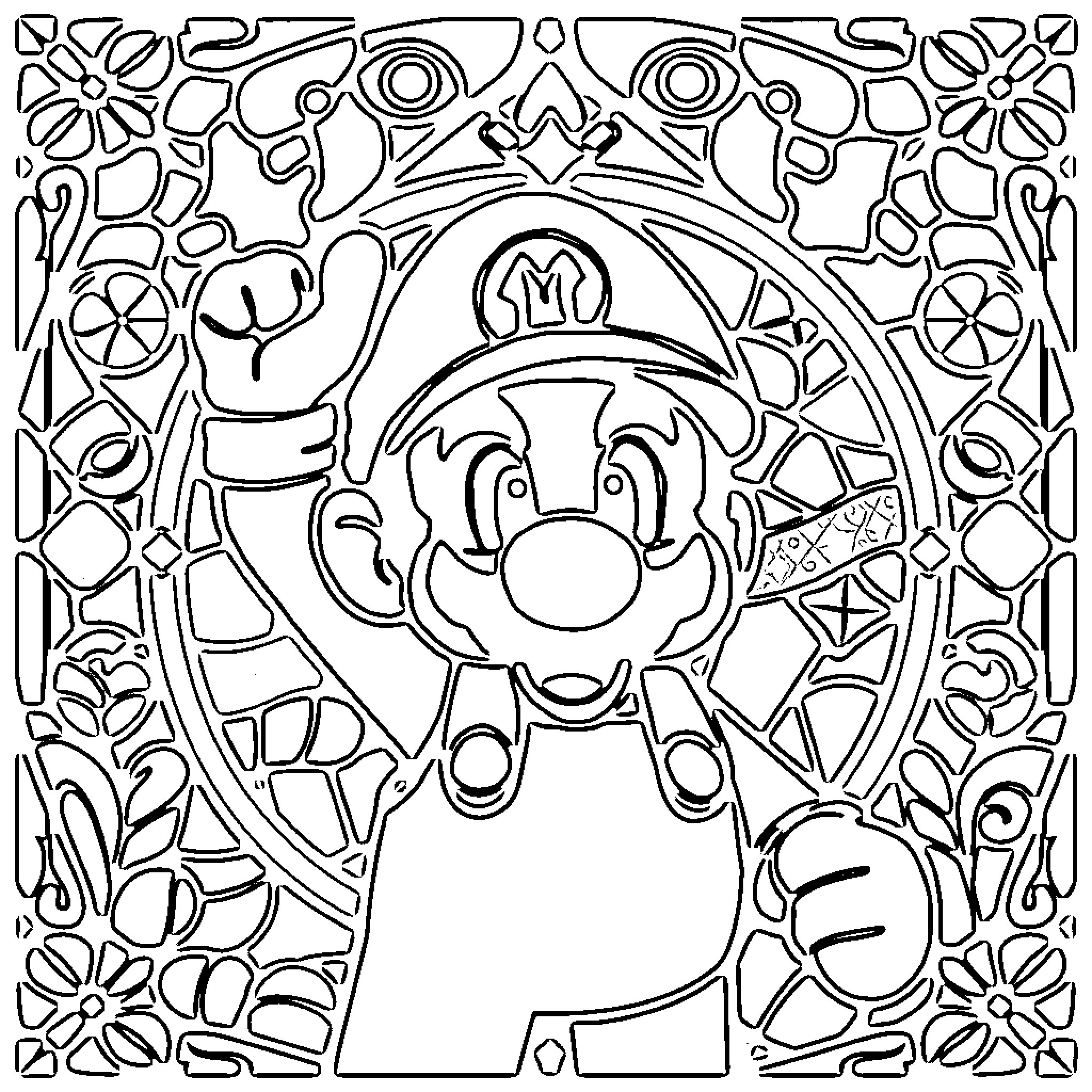 Mario's Whimsical Floral Adventure Coloring Page (free black-and-white line drawing printable PDF for all, from beginners to advanced learners, including children, teens, adults, and seniors)