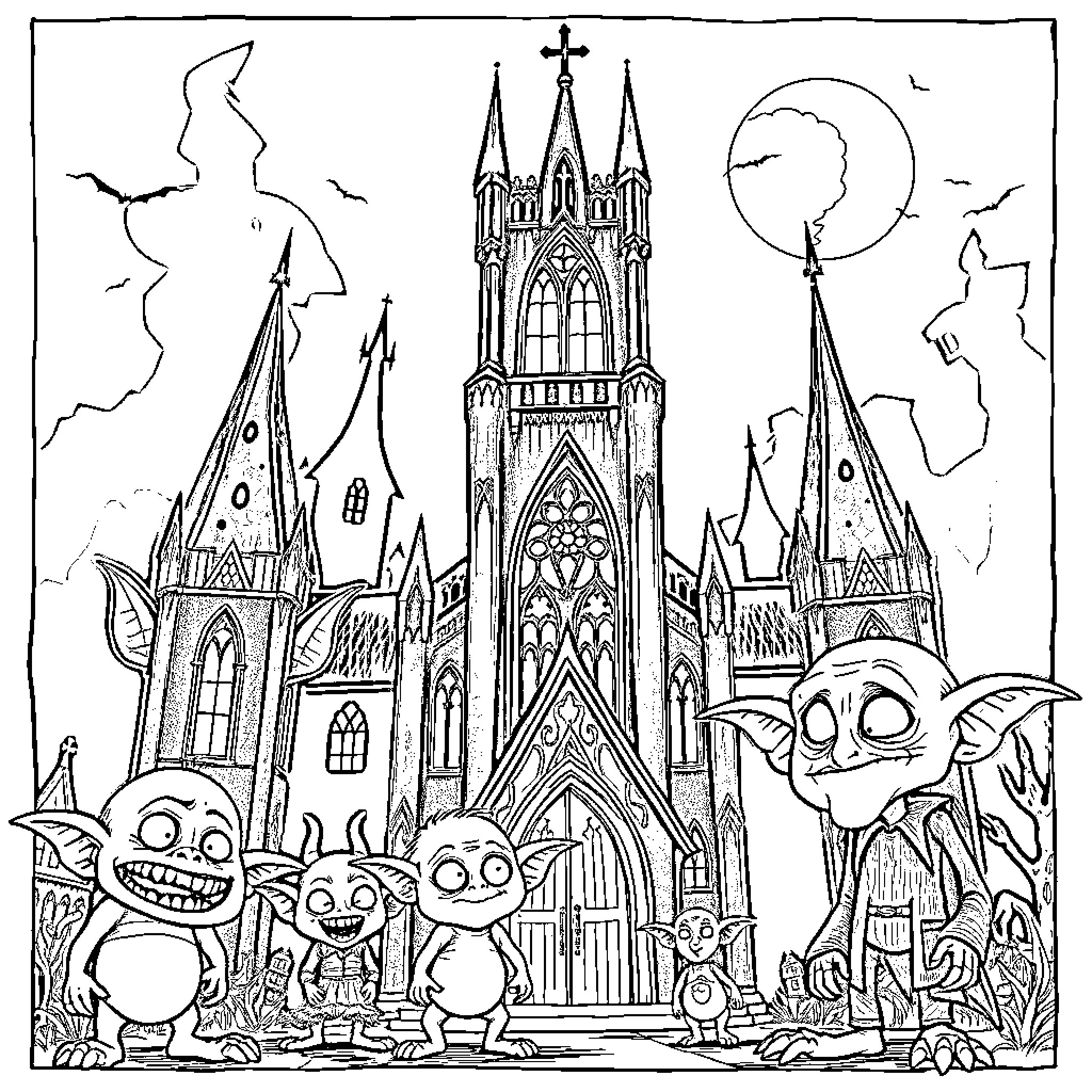 Gothic Church with Whimsical Creatures Coloring Page (free black-and-white line drawing printable PDF for all, from beginners to advanced learners, including children, teens, adults, and seniors)