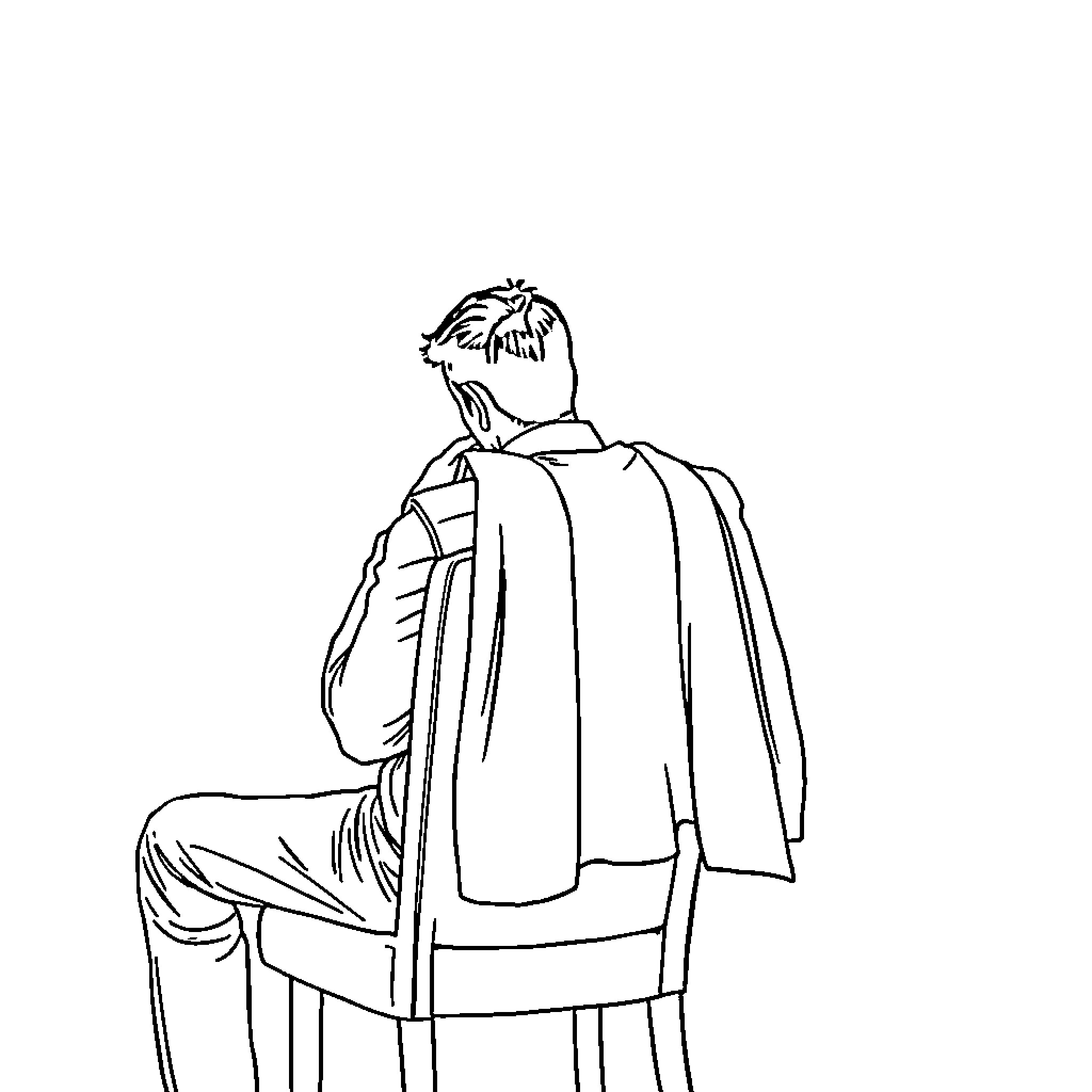 Man sitting contemplatively in chair Coloring Page (free black-and-white line drawing printable PDF for all, from beginners to advanced learners, including children, teens, adults, and seniors)