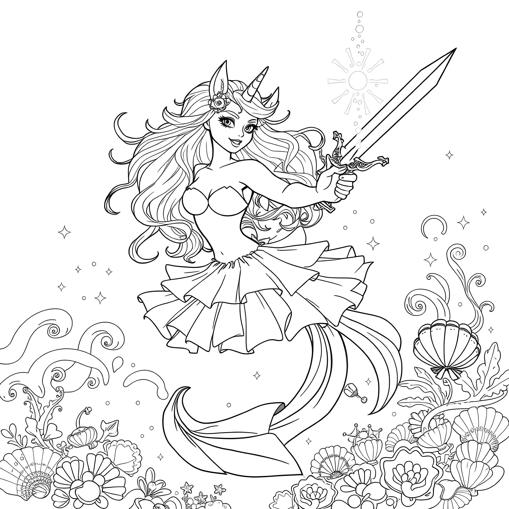 Unicorn mermaid warrior wields magical sword in sea fantasy Coloring Page (free black-and-white line drawing printable PDF for all, from beginners to advanced learners, including children, teens, adults, and seniors)