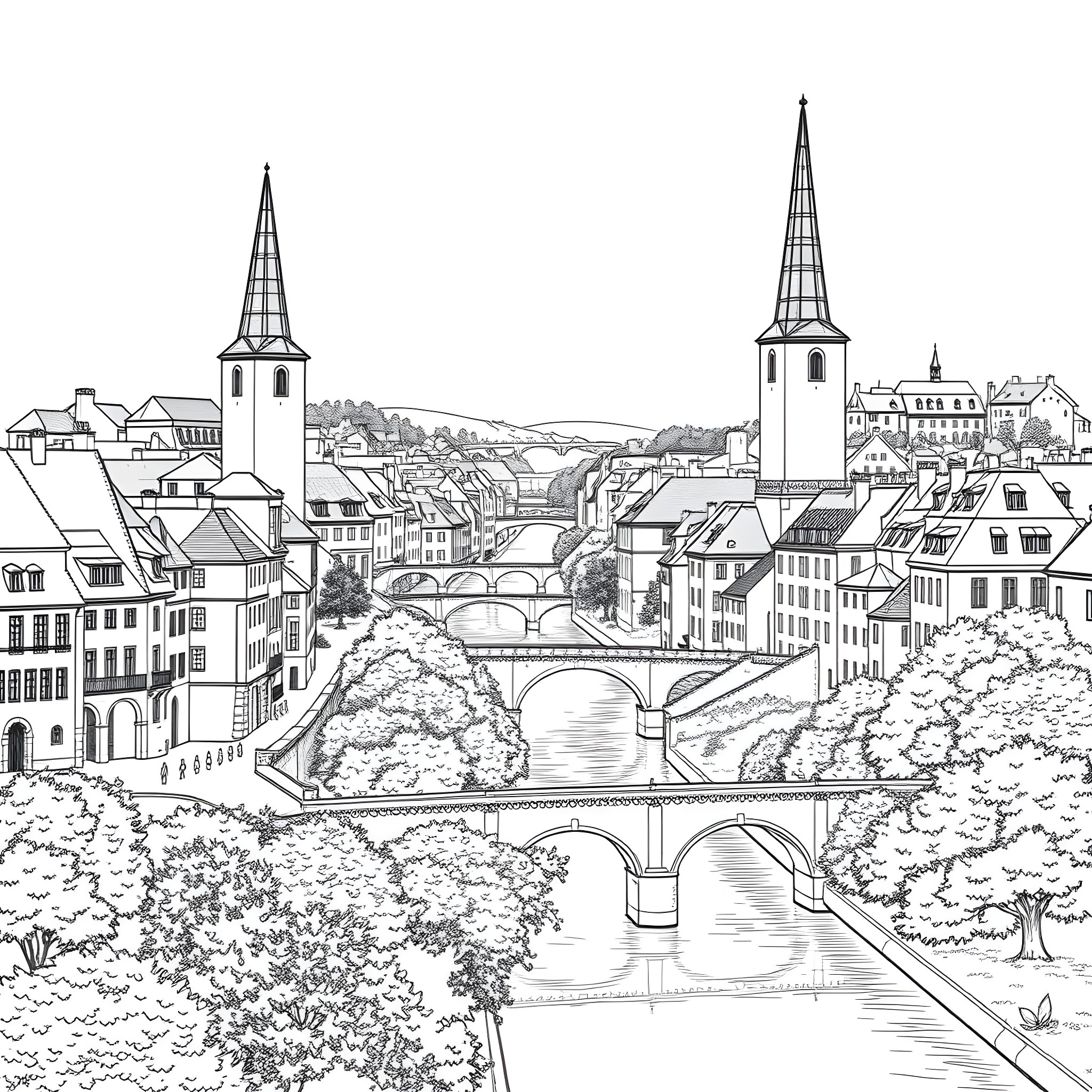 Luxembourg City Skyline with Scenic Architecture Coloring Page (free black-and-white line drawing printable PDF for all, from beginners to advanced learners, including children, teens, adults, and seniors)