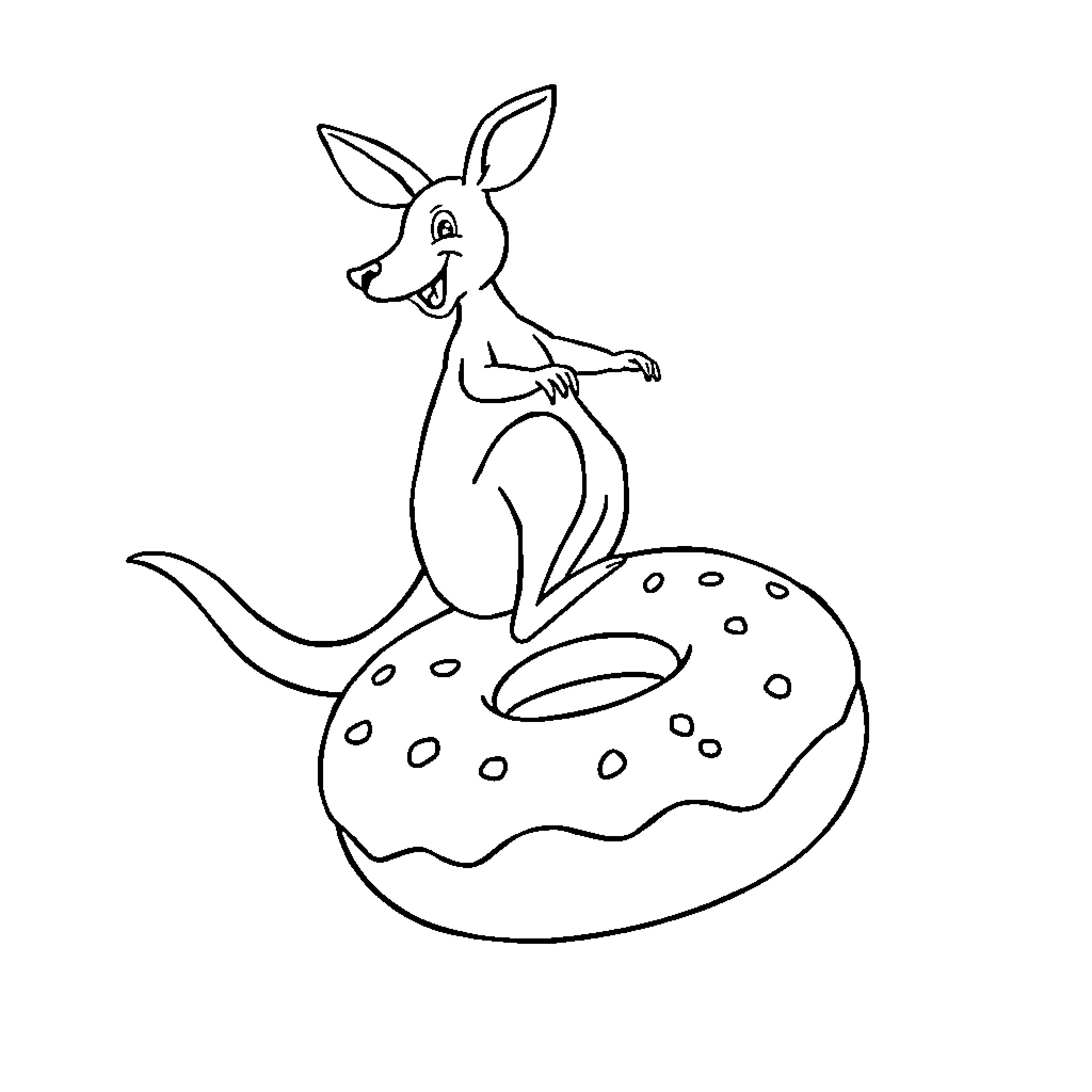 Kangaroo floating on a donut-shaped inner tube Coloring Page (free black-and-white line drawing printable PDF for all, from beginners to advanced learners, including children, teens, adults, and seniors)