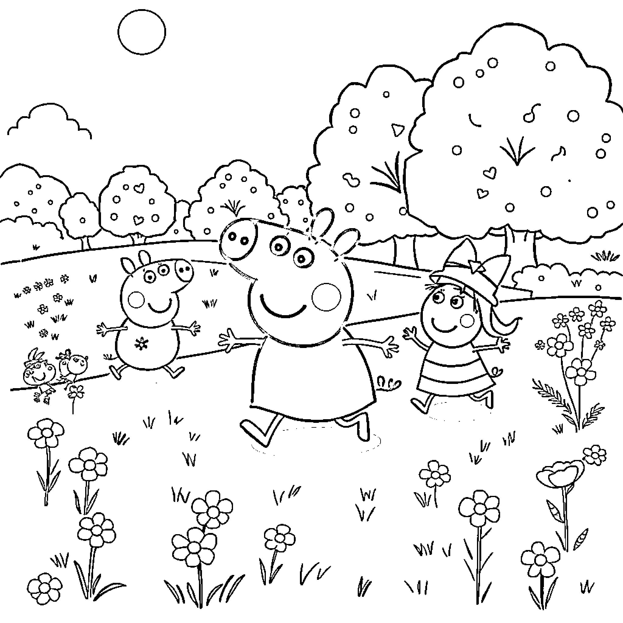 Peppa Pig characters playing in a scenic outdoor setting Coloring Page (free black-and-white line drawing printable PDF for all, from beginners to advanced learners, including children, teens, adults, and seniors)