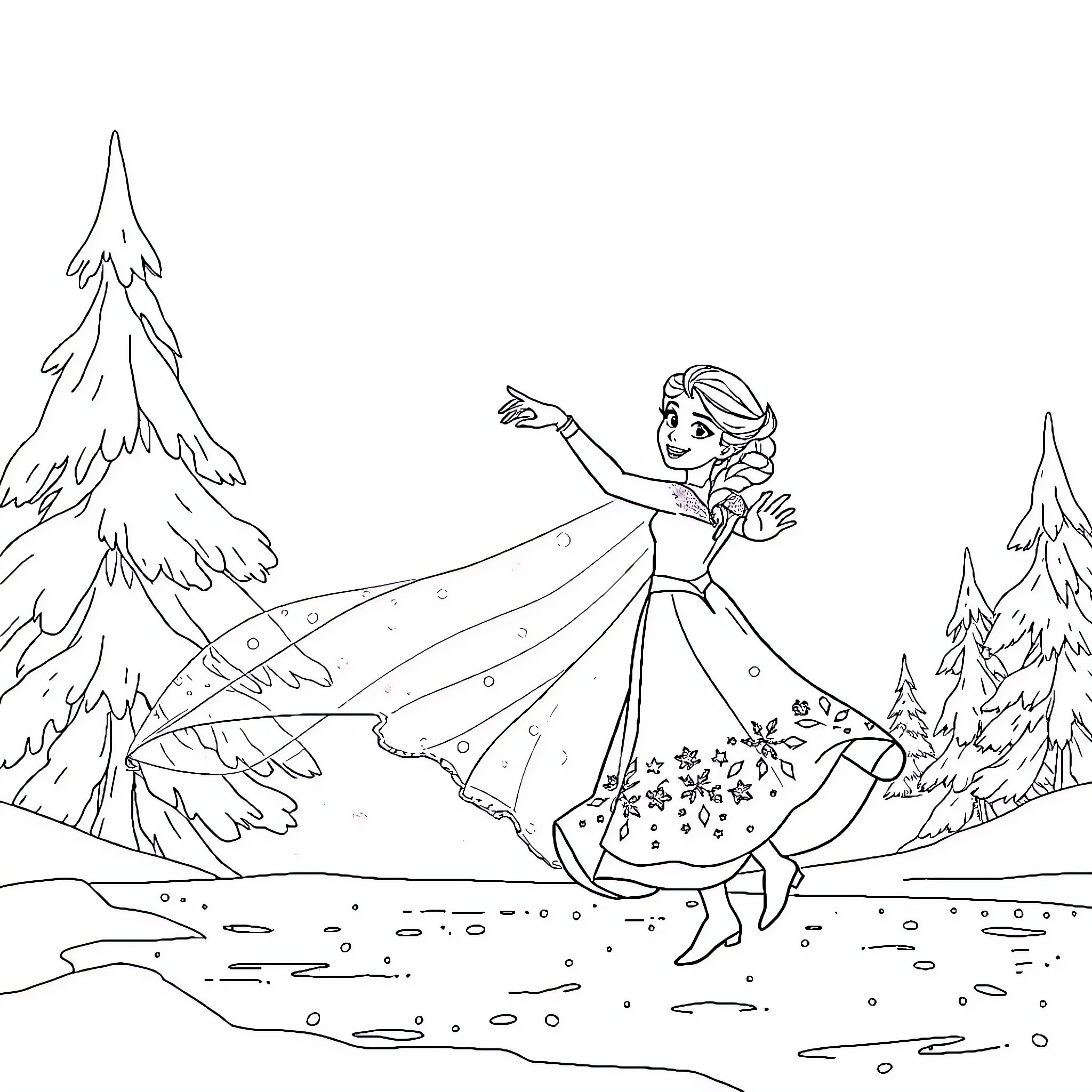 Elsa dancing gracefully in a winter wonderland Coloring Page (free black-and-white line drawing printable PDF for all, from beginners to advanced learners, including children, teens, adults, and seniors)