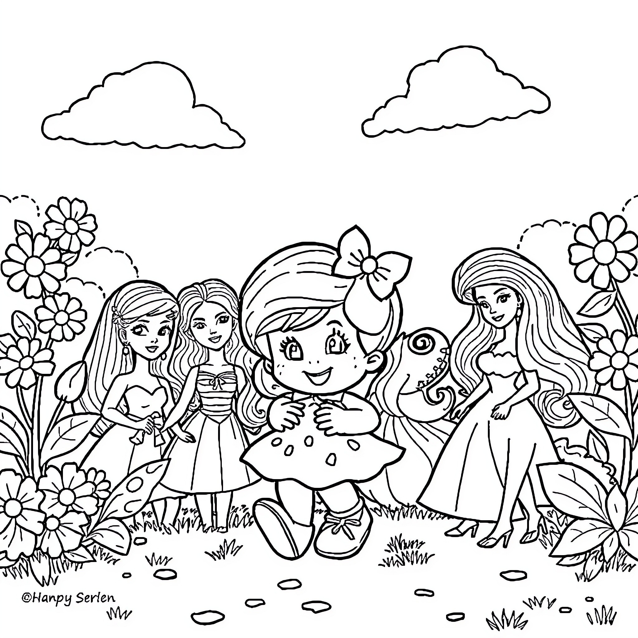 Strawberry Shortcake and friends in a flower garden Coloring Page (free black-and-white line drawing printable PDF for all, from beginners to advanced learners, including children, teens, adults, and seniors)