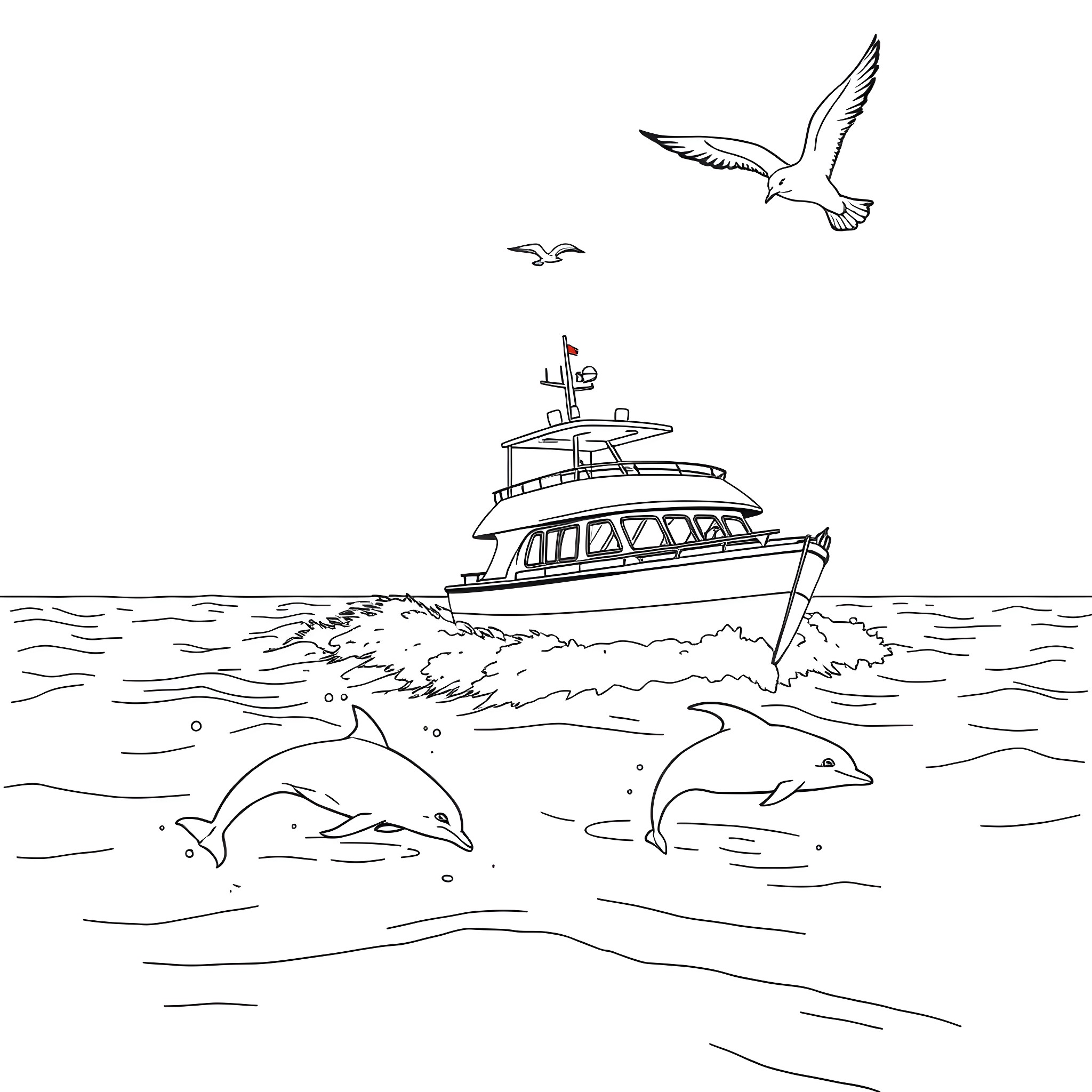 Dolphin swimming alongside boat and seabirds Coloring Page (free black-and-white line drawing printable PDF for all, from beginners to advanced learners, including children, teens, adults, and seniors)