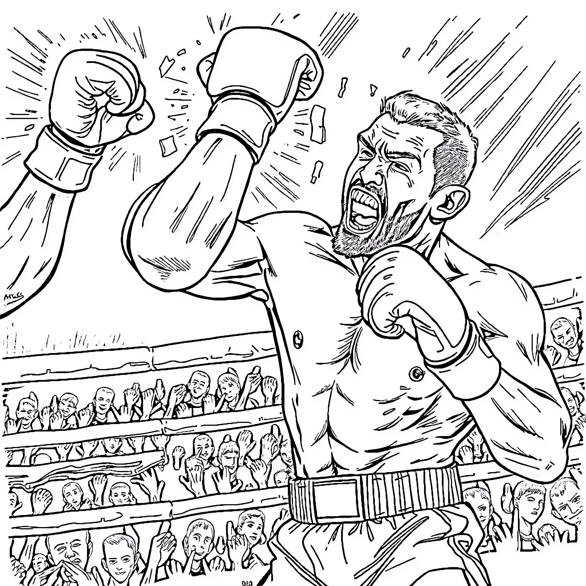 Dustin Poirier in an intense boxing match Coloring Page (free black-and-white line drawing printable PDF for all, from beginners to advanced learners, including children, teens, adults, and seniors)