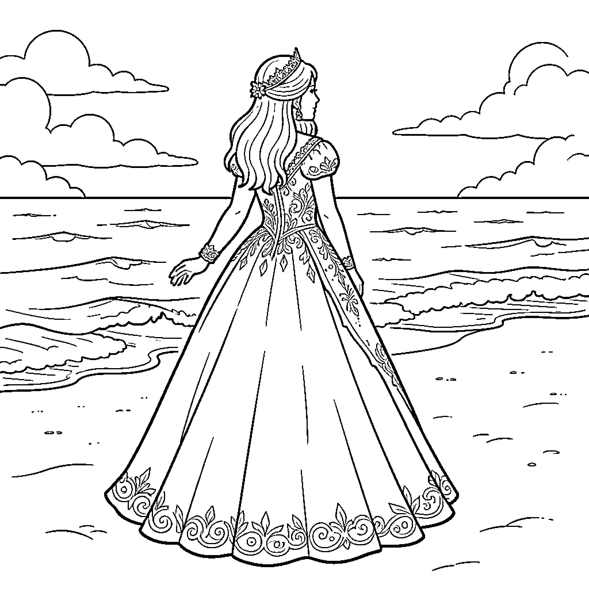 Snow Queen in an elegant gown standing by the ocean Coloring Page (free black-and-white line drawing printable PDF for all, from beginners to advanced learners, including children, teens, adults, and seniors)