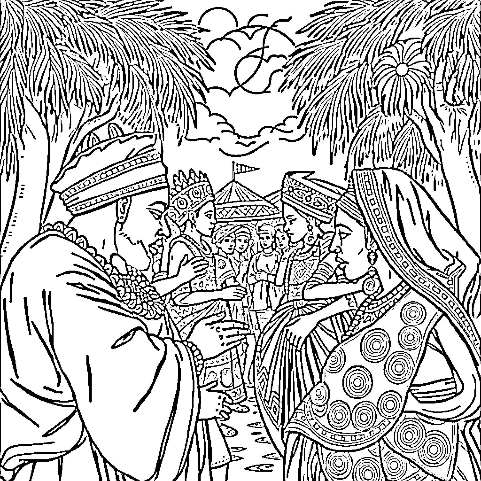 Yoruba cultural celebration in the village Coloring Page (free black-and-white line drawing printable PDF for all, from beginners to advanced learners, including children, teens, adults, and seniors)