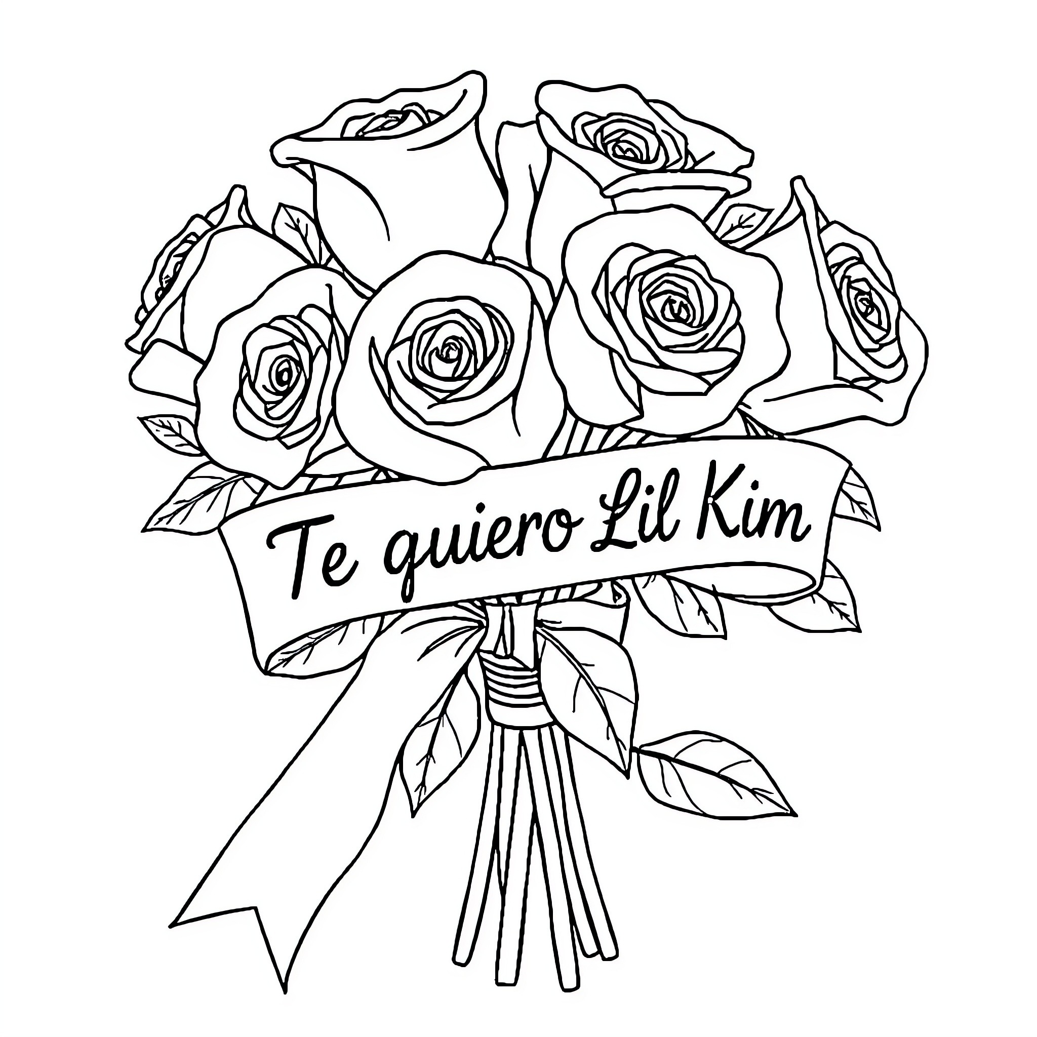 Rose bouquet with ribbon and affectionate message Coloring Page (free black-and-white line drawing printable PDF for all, from beginners to advanced learners, including children, teens, adults, and seniors)